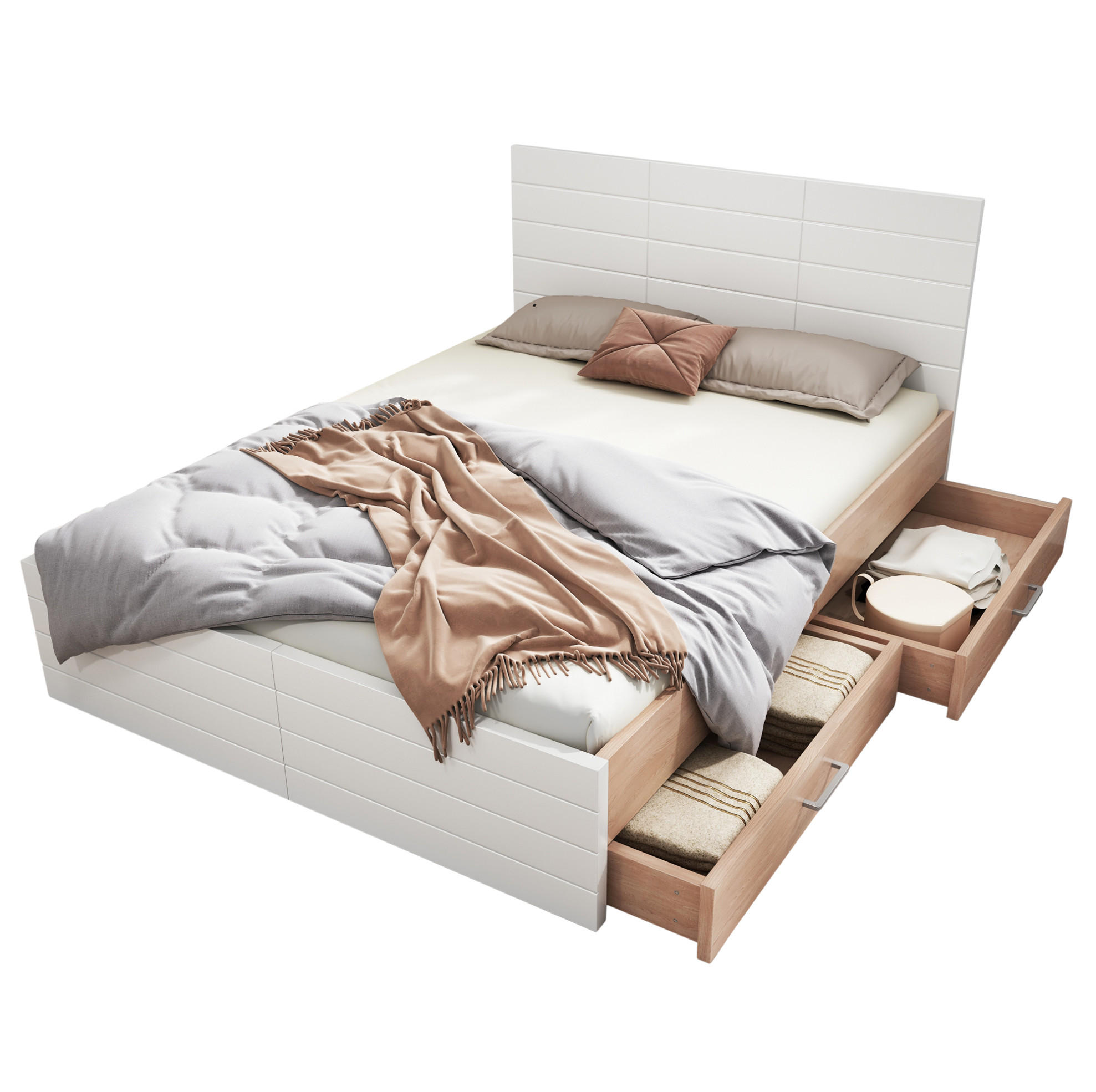 OKWISH DVOJLŮŽKO 180/200 cm bílá a dub z masivního dřeva a MDF se zásuvkami a roštem