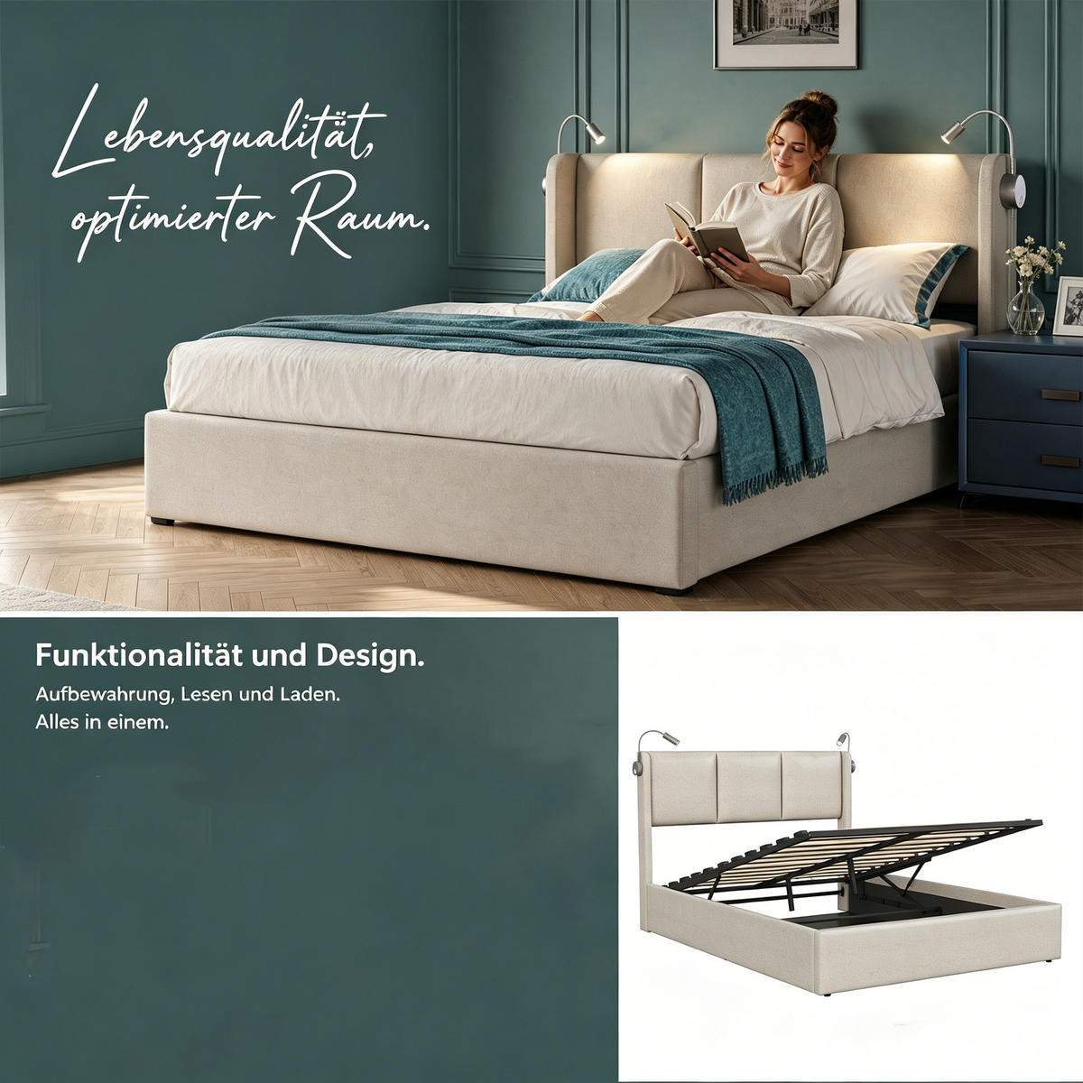 POLSTERBETT 160x200 mit stauraum, bettgestell 160x200 mit Bettkasten, Leselampe, USB, Lattenrost, Kopfteil, Leinenstoff, beige - Beige, Holz/Textil (160/200cm) - GENKI LIVING