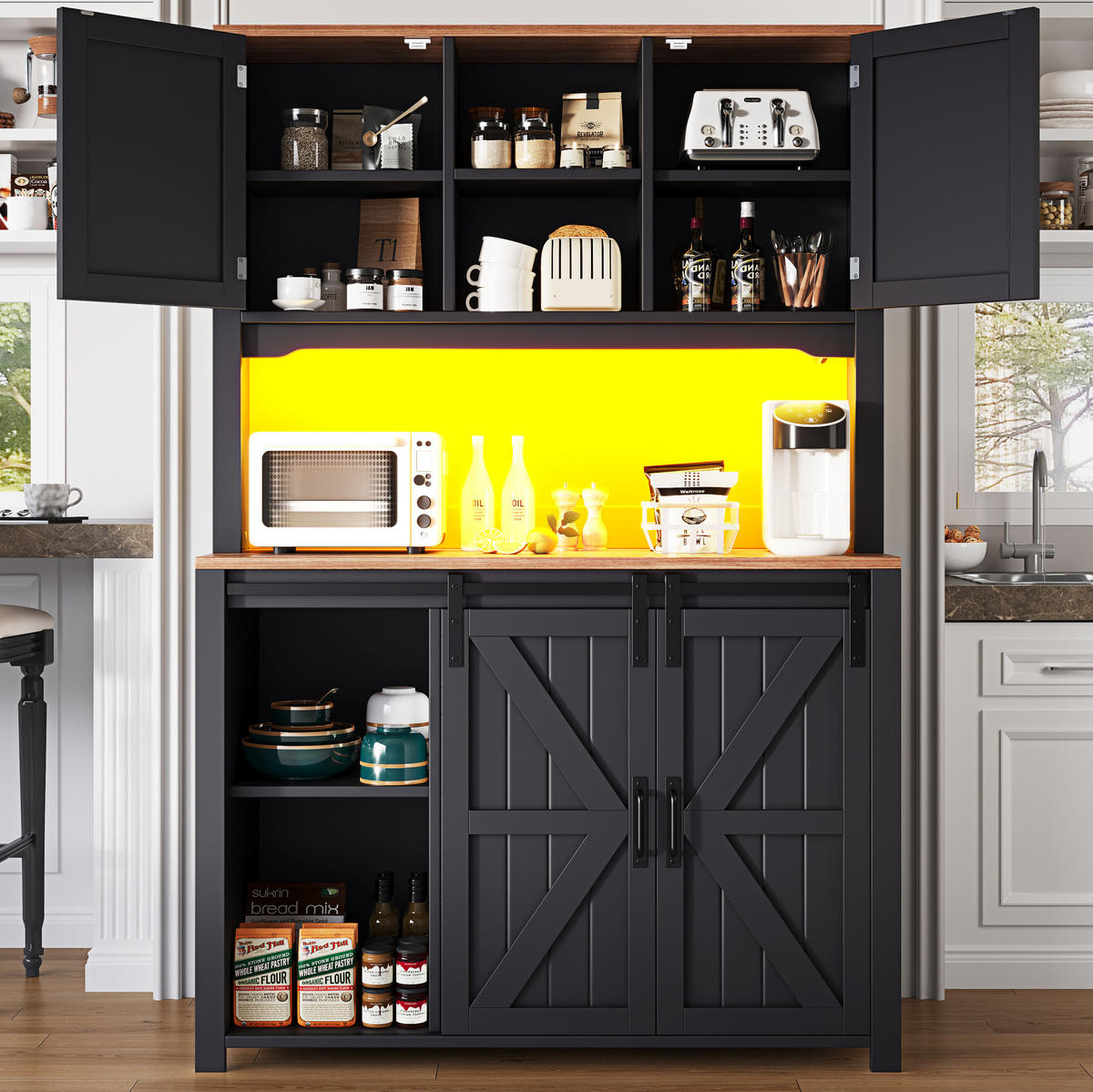 BUFFET 115/40/174,7 cm schwarz aus MDF/Metall mit LED - Schwarz, Holzwerkstoff (115/174.7/40cm) - OKWISH