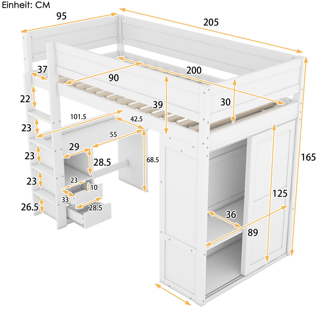 HOCHBETT aus Kiefernholz und MDF 90x200 cm Weiß mit Kleiderschrank, Schreibtisch und Schubladen - Weiß, Holzwerkstoff (90/200cm) - IVMEU