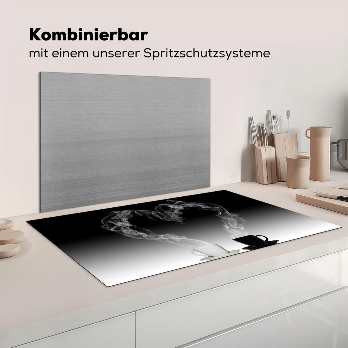 KRYT NA INDUKČNÍ DESKU Káva - Srdce - Černobílé - Šálky 89.6x51.6 cm - bílá, plast (89.6/51.6/0.2cm) - MuchoWow