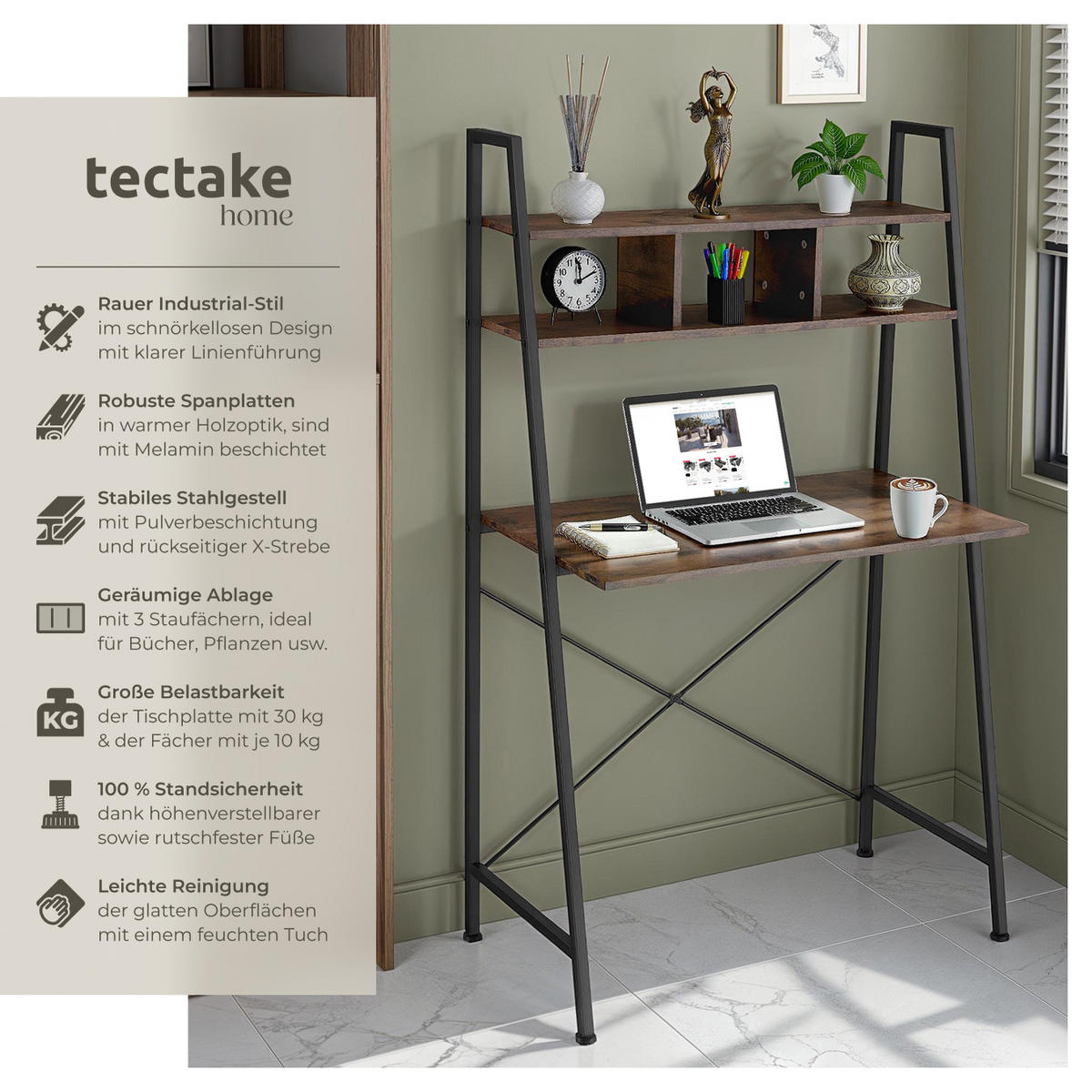 SCHREIBTISCH Exeter,85,5 x 46,5 x 140 cm,Industrial Holz dunkel, rustikal - Rostfarben, Holzwerkstoff (85.5/46.5/140cm) - tectake