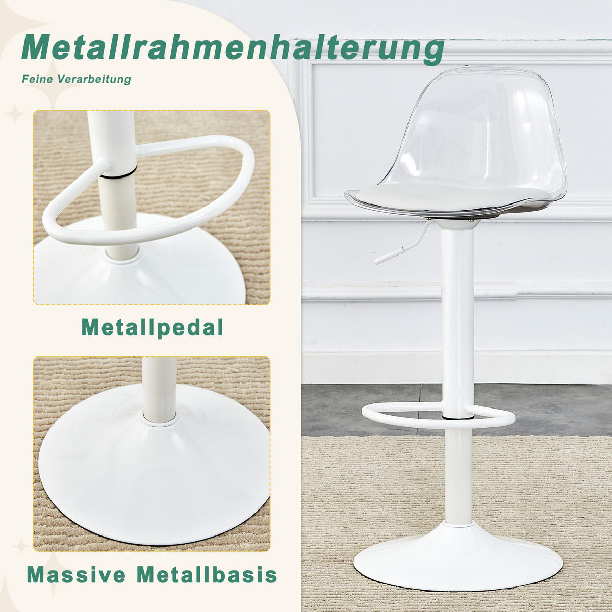 BARHOCKER 2er-Set Transparent und Weiß höhenverstellbar mit Rückenlehne und 360° Drehung - Transparent, Metall (33/82/40.5cm) - PANGIVO