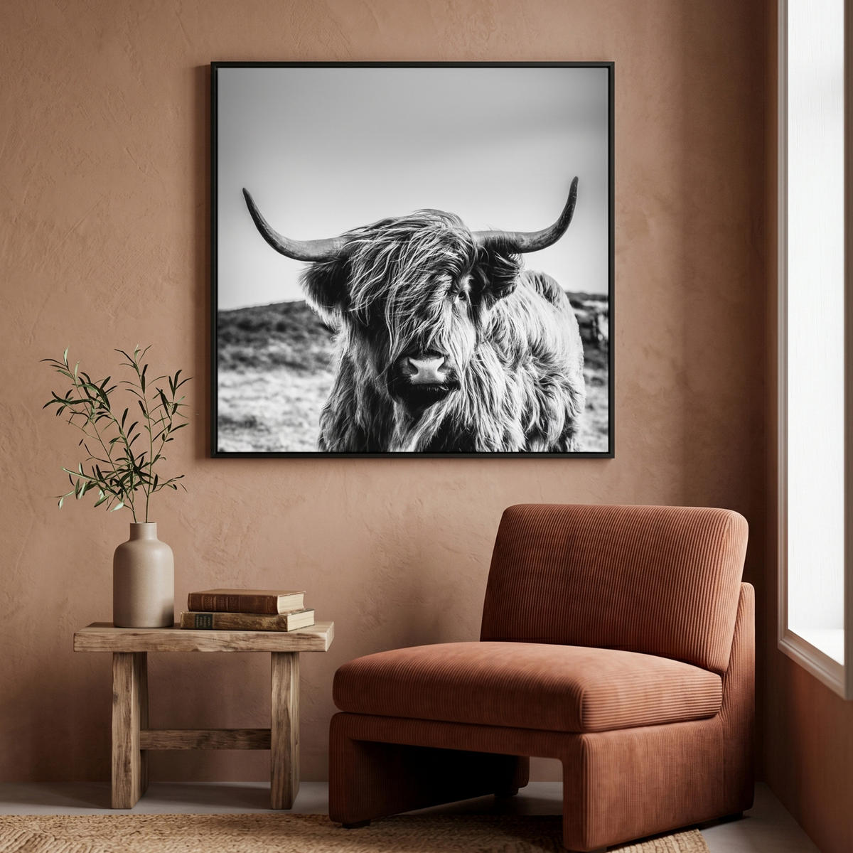 LEINWAND Bilder mit Rahmen - Kuh - Schottischer Hochländer - Schwarz - Weiß - Tier - Natur - Wildtiere - 90x90 - Schwarz, Textil (90/90cm) - MuchoWow
