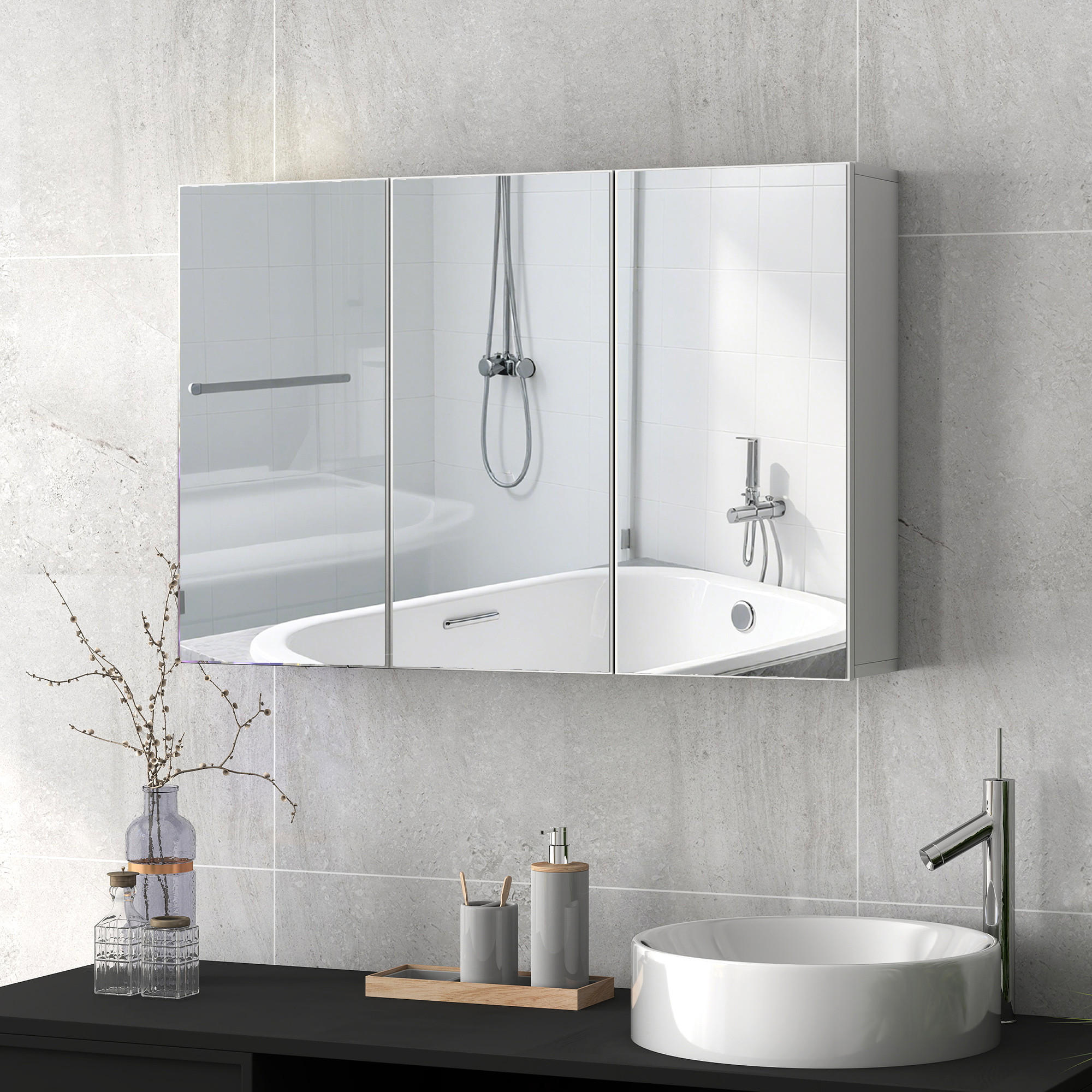 SPIEGELSCHRANK Bad mit 3 Spielgeltüren, Badezimmerschrank mit 5 Regale - Weiß, Holzwerkstoff (15.5/60/90cm) - HOMCOM