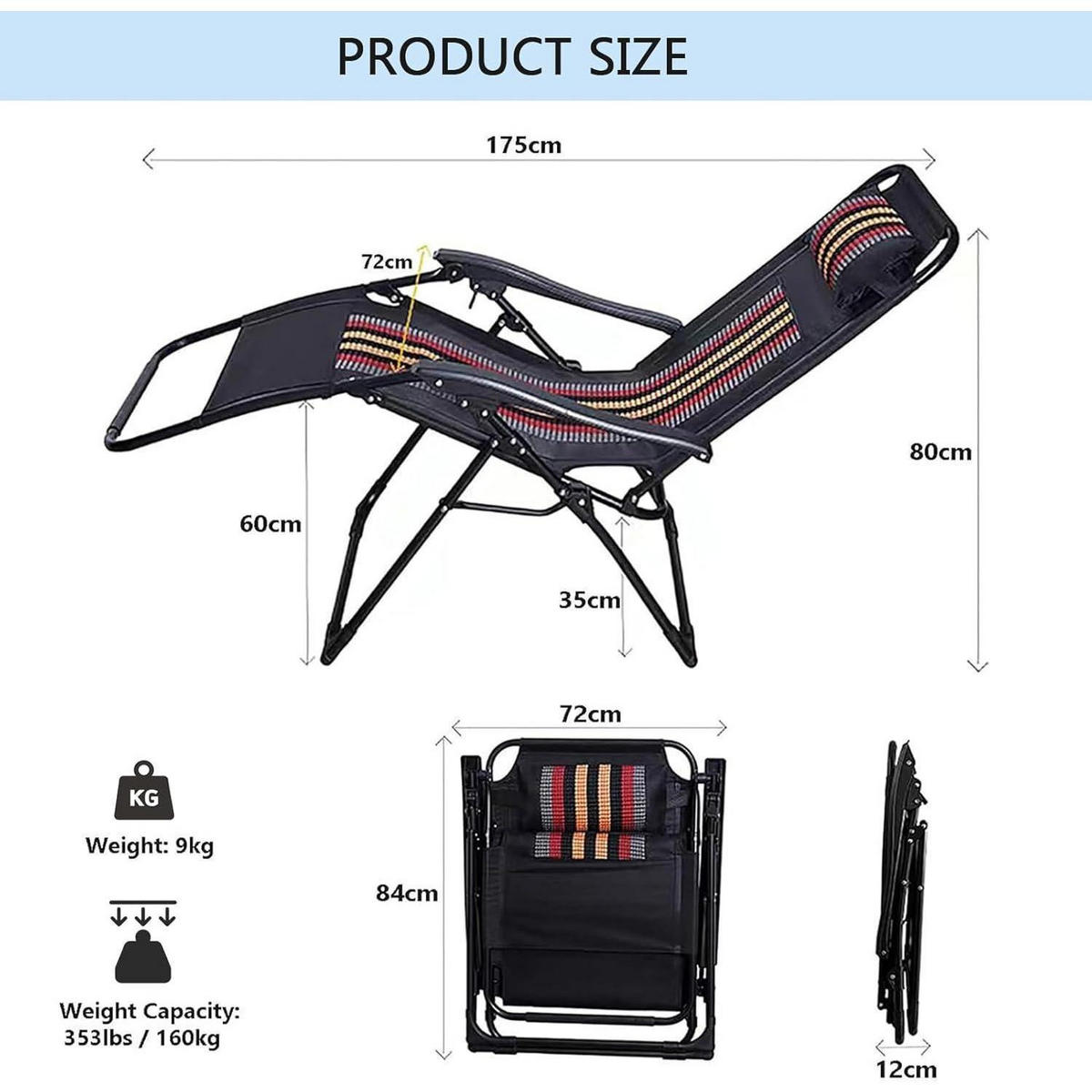 GARTENLIEGE Klappbar Extra Breit 72cm mit Getränkehalter & Kissen - Schwarz, Textil (70/85/85cm)