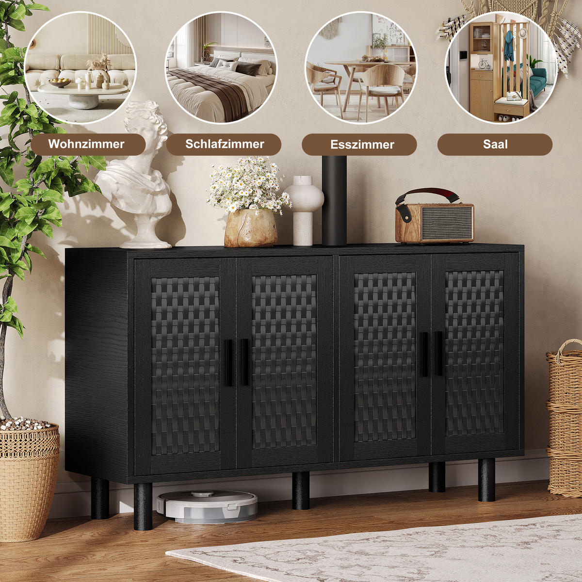 SIDEBOARD 140x40x80 cm Rattan Stauraum schwarz - Schwarz, Holz (140/80/40cm) - Fortuna Lai