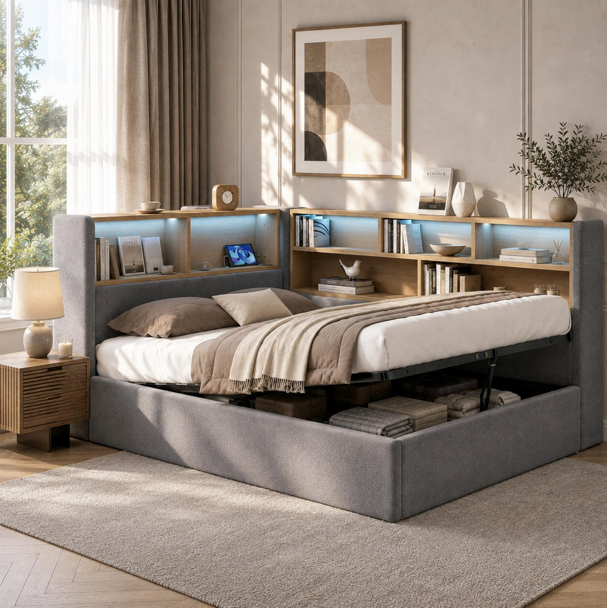 TAGESBETT aus Samt 140x190 cm Grau mit hydraulischem Stauraum, LED-Beleuchtung und USB-C-Anschluss - Grau, Textil (140/190cm) - Modfu