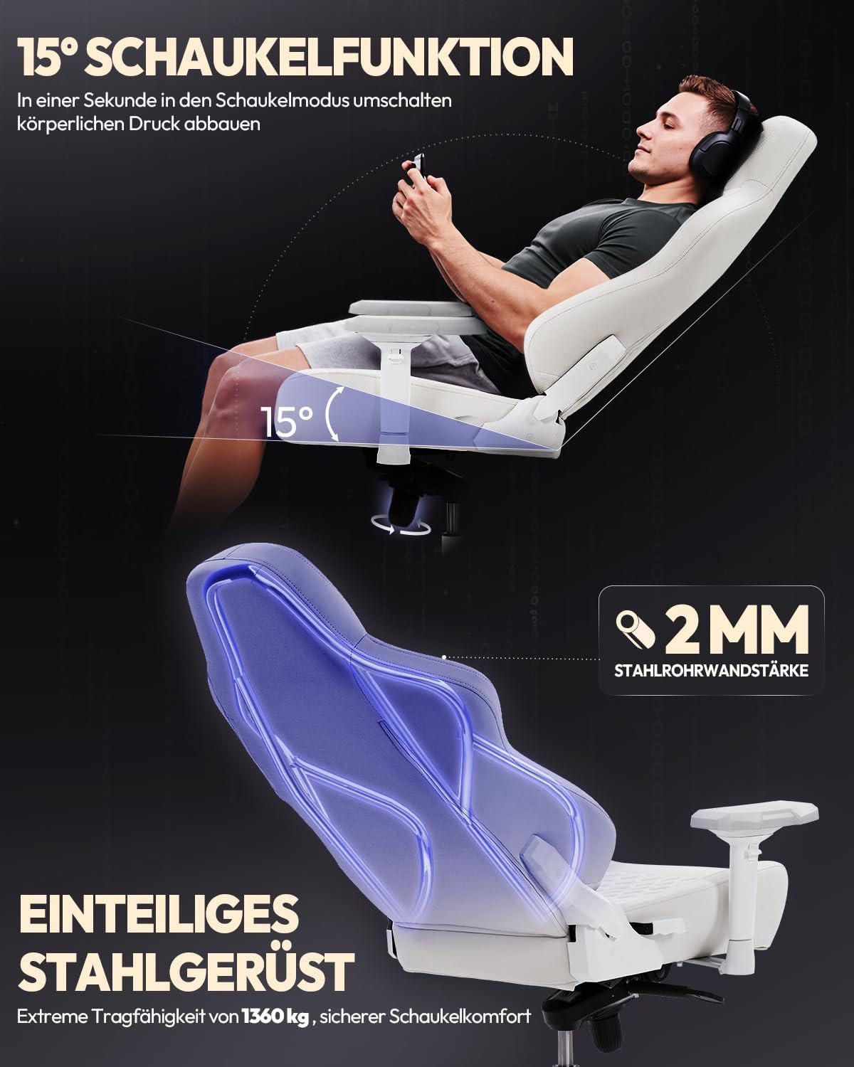 GAMING-STUHL Ergonomischer Bürostuhl &4D Armlehnen, Höhenverstellbarer - Weiß, Leder (70/133/70cm)