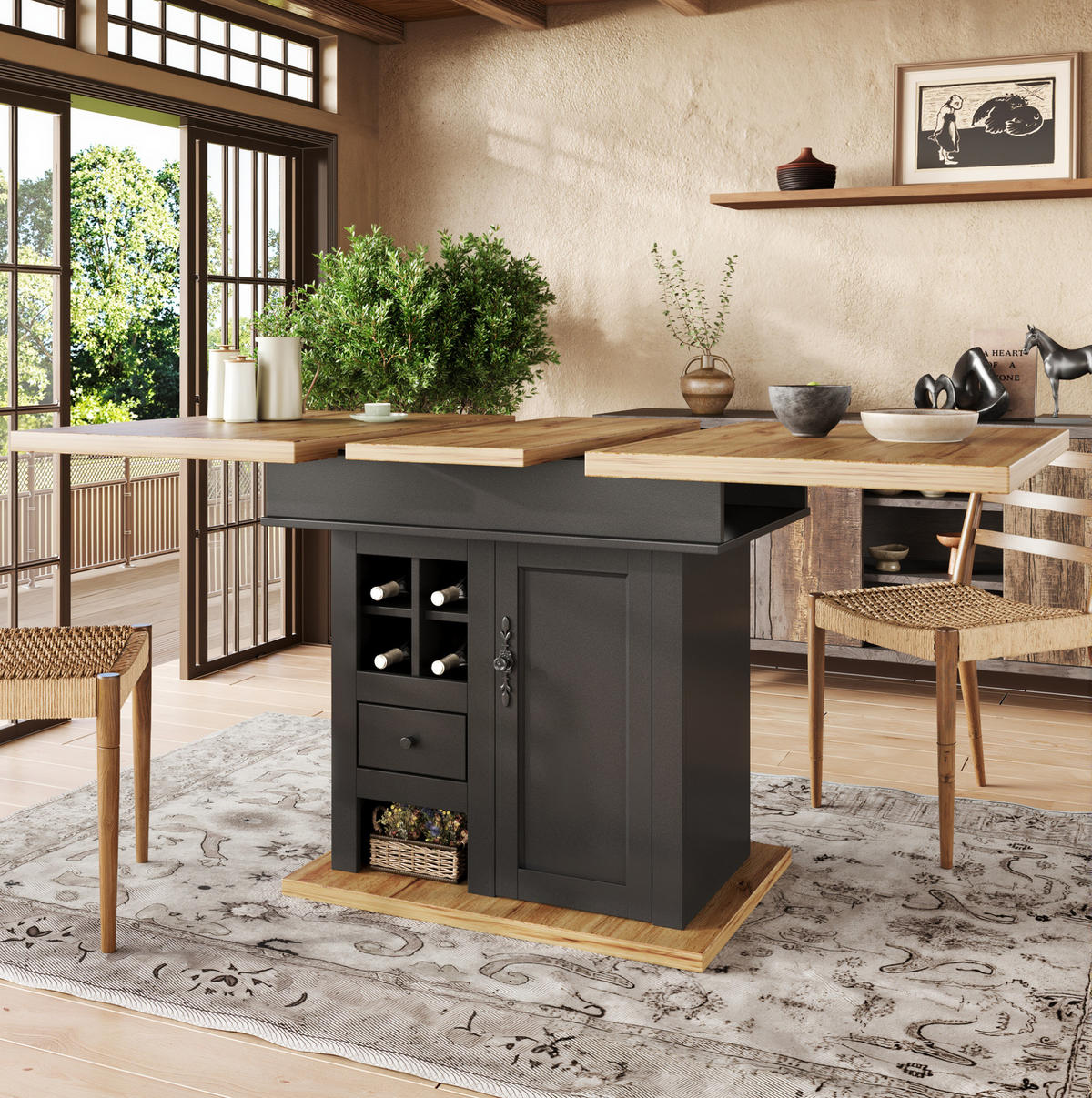 ESSTISCH aus MDF 110-140x80x75 cm Schwarz/Natur ausziehbar mit höhenverstellbaren Regalen und Soft-Close-Türen - Schwarz, Holzwerkstoff (140/80/75cm) - Modfu