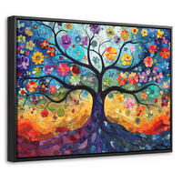 LEINWAND Bilder mit Rahmen - Kunst - Baum des Lebens - Blumen - Hippie - 40x30 - Dunkelblau, Textil (40/30cm) - MuchoWow