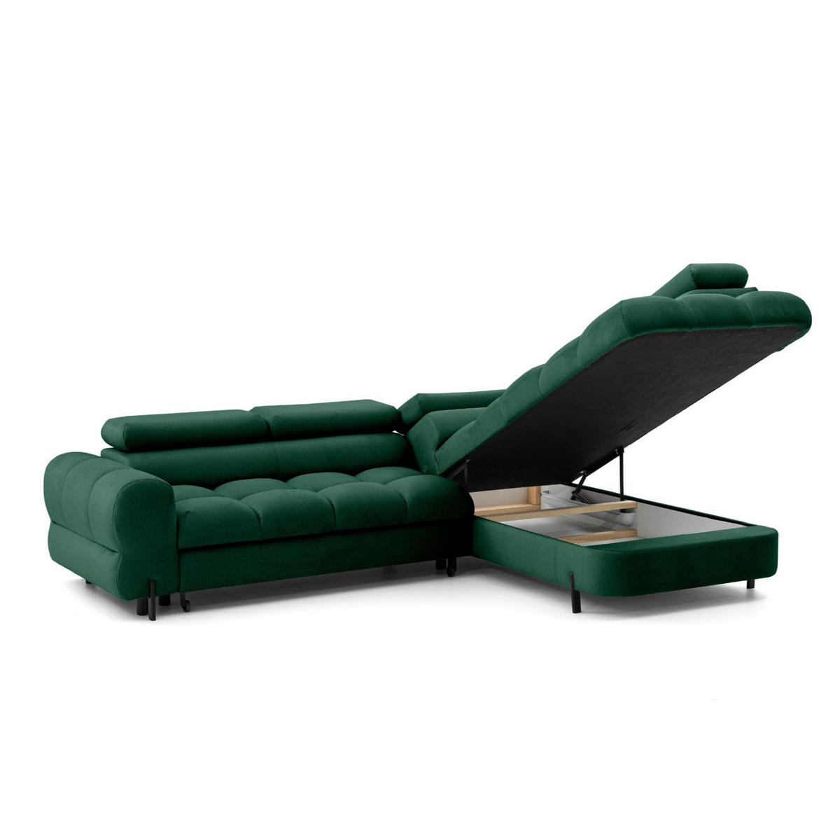 ECKSOFA BOWL L Rechts mit Schlaffunktion 125x195 Velours Grün - Schwarz/Grün, Holz/Textil (195/260cm) - Muffo