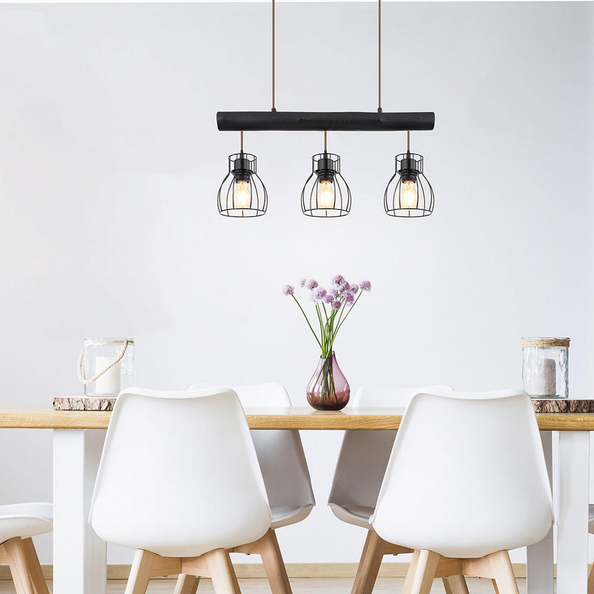 PENDELLAMPE Holz Schwarz Metallgitter - Schwarz, Holz (60/13.6/140cm) - Globo Lighting