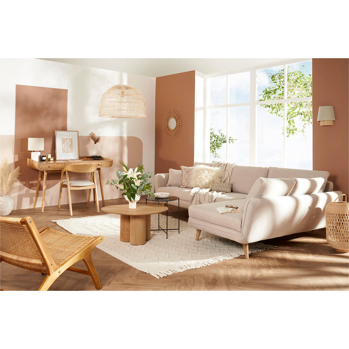 ECKSOFA Skandinavisch 5-Sitzer Stoff Beige Holz CREEP - Beige, Textil (70.5/79cm) - Miliboo