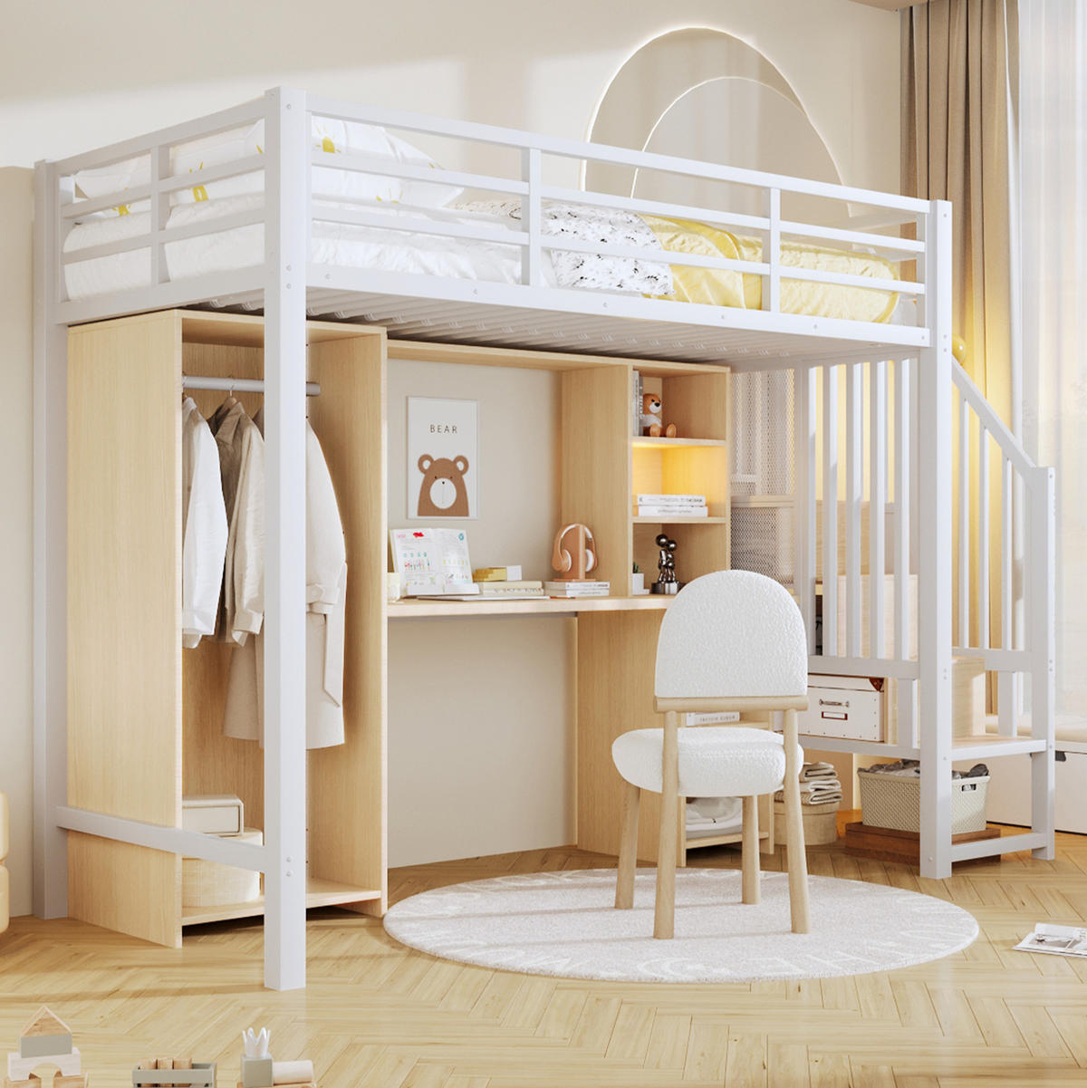 HOCHBETT 90/200 cm aus Metall/MDF mit Kleiderschrank und Schreibtisch Weiß - Weiß, Metall (90/200cm) - Modenvie