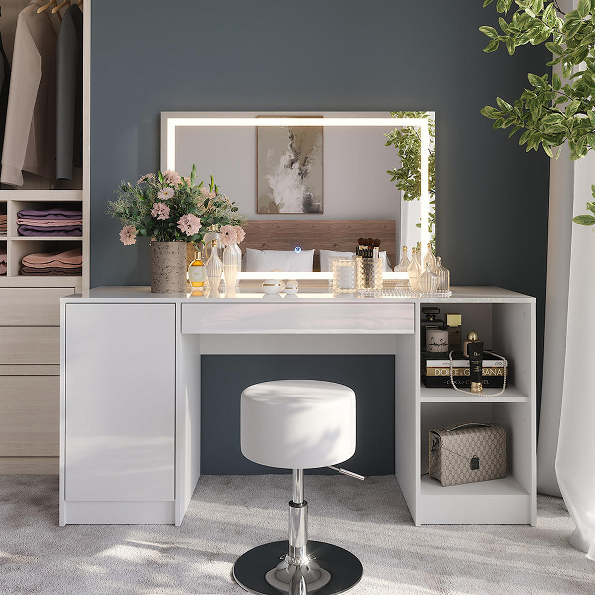 SCHMINKTISCH Sherry Weiß/Weiß Hochglanz 158.2 cm mit LED-Spiegel und Hocker - Weiß Hochglanz, Holzwerkstoff (158.2/76/50.1cm) - Vicco