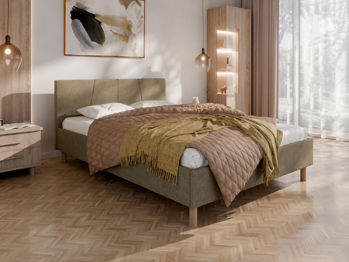 POLSTERBETT ALMORE 140x200cm Elegantes Polsterbett für modernen Wohnstil , Taschenfederkernmatratze mit kokos KORNOS (20cm), cappuccino - Cappuccino, Holz - Panda Möbel