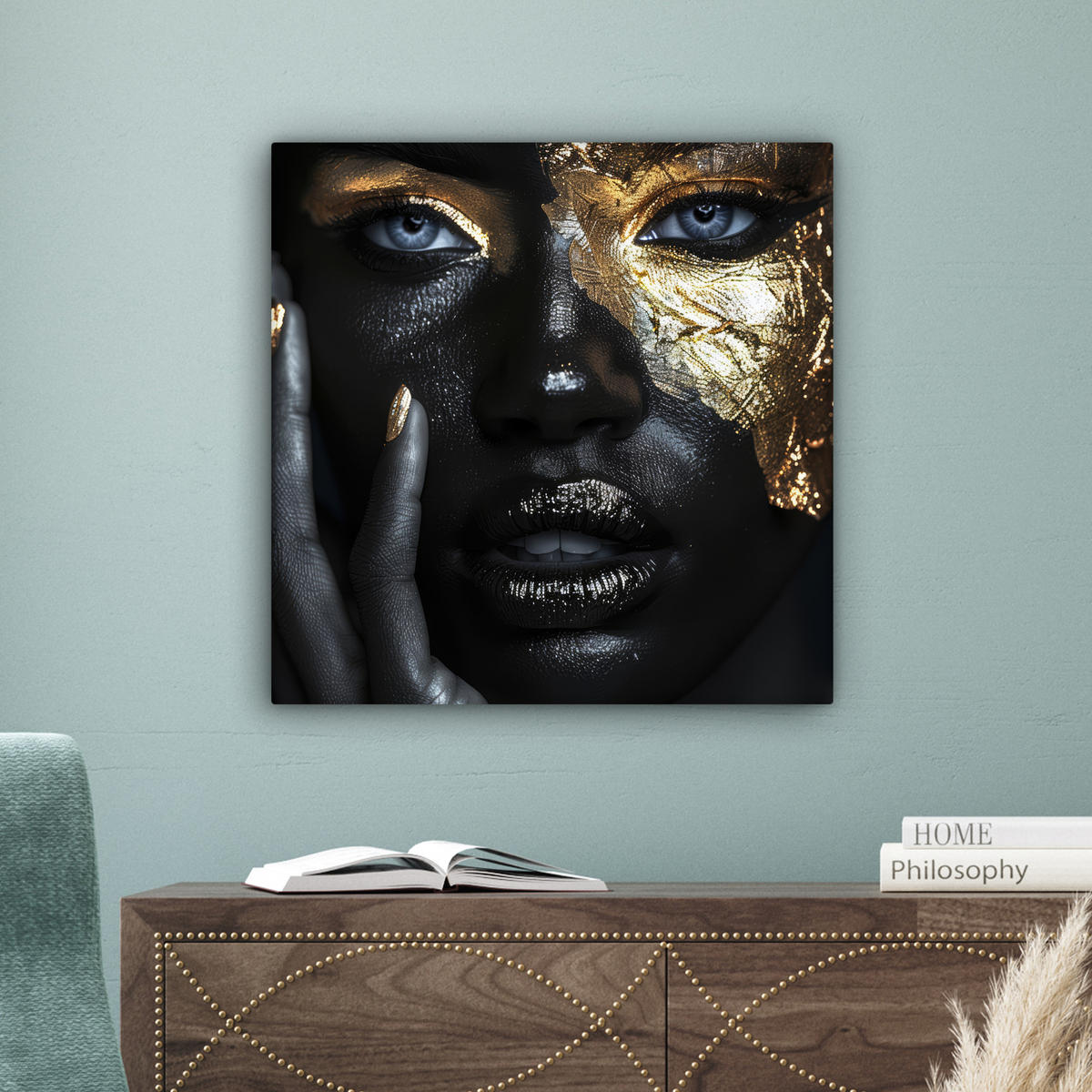 LEINWANDBILD Frau - Gold - Porträt - Schwarz-Weiß - Luxus 50x50 cm - Hellblau, Textil (50/50cm) - MuchoWow