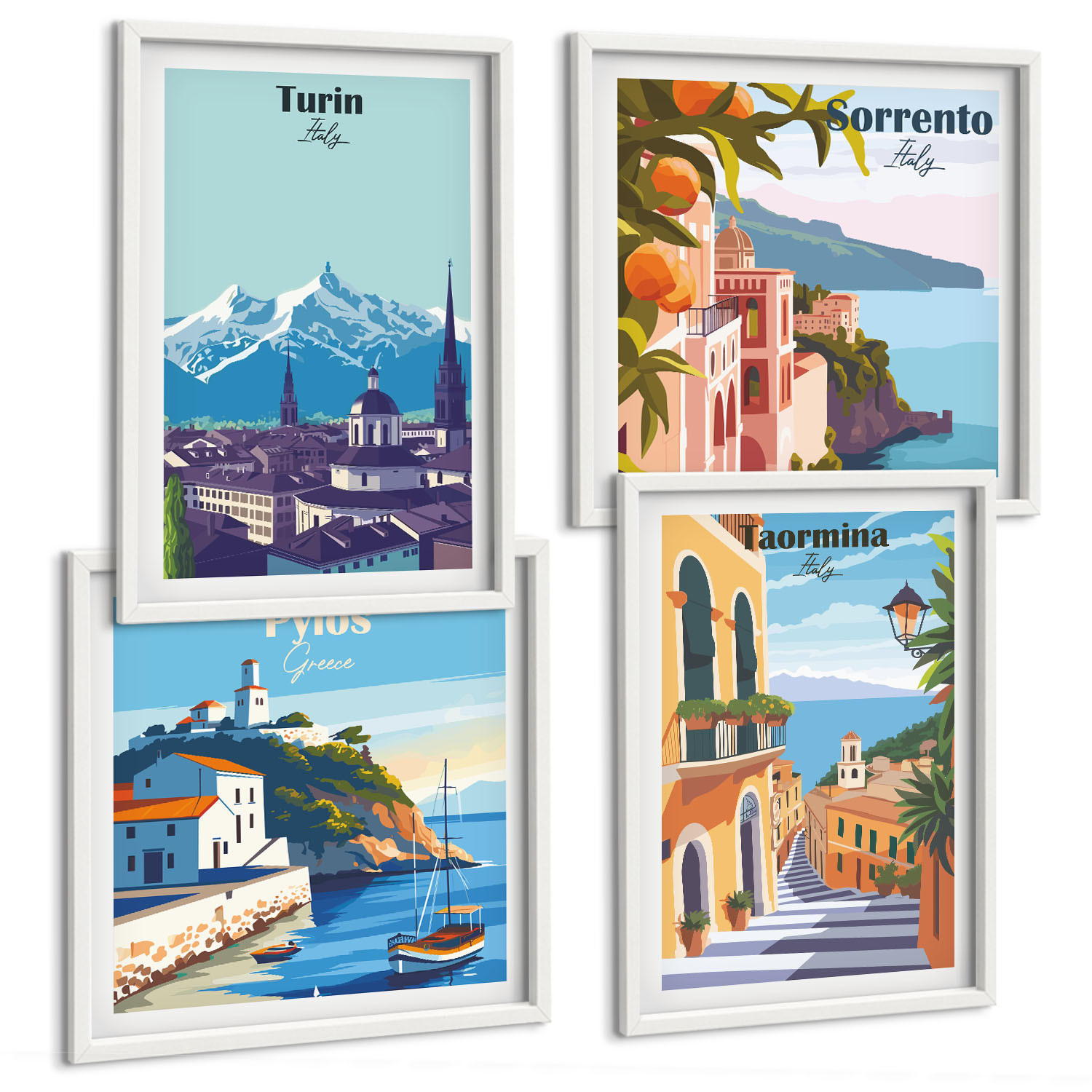 BILDER SET 4er Set - 50x50 cm & 40x60 cm Weißer Rahmen - Farbenfrohe Illustrationen von Retro-Städten - Weiß, Kunststoff (50/50cm) - TULUP
