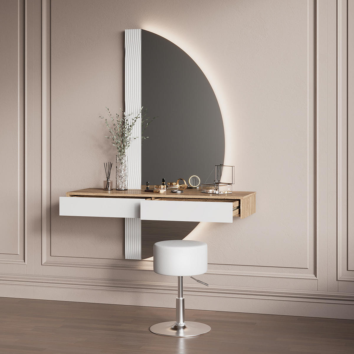 SCHMINKTISCH Ascona Weiß mit LED Beleuchtung und Hocker - Eichefarben/Weiß, Holzwerkstoff (120/161.1/40cm) - Livinity®