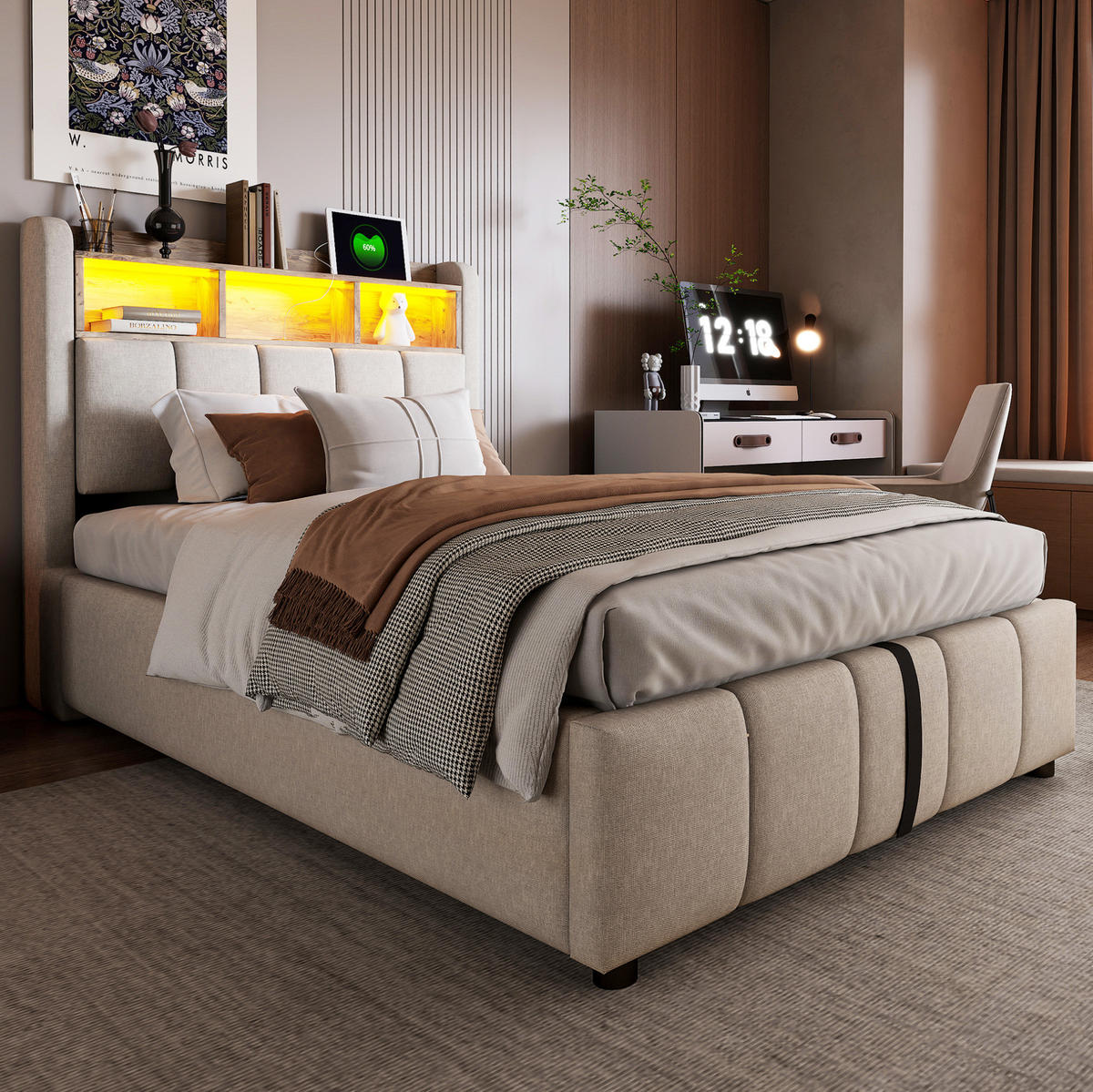 POLSTERBETT mit Stauraum, LED und USB 90x200 cm Beige - Beige, Metall (90/200cm) - Meubliv