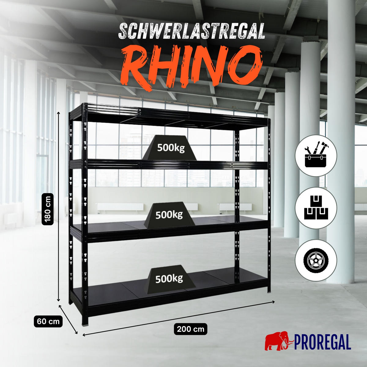 SCHWERLASTREGAL Rhino 180x200x60 cm 4 Stahlplatten-Ebenen Fachlast 500 kg Schwarz - Schwarz, Metall (200/180/60cm) - PROREGAL