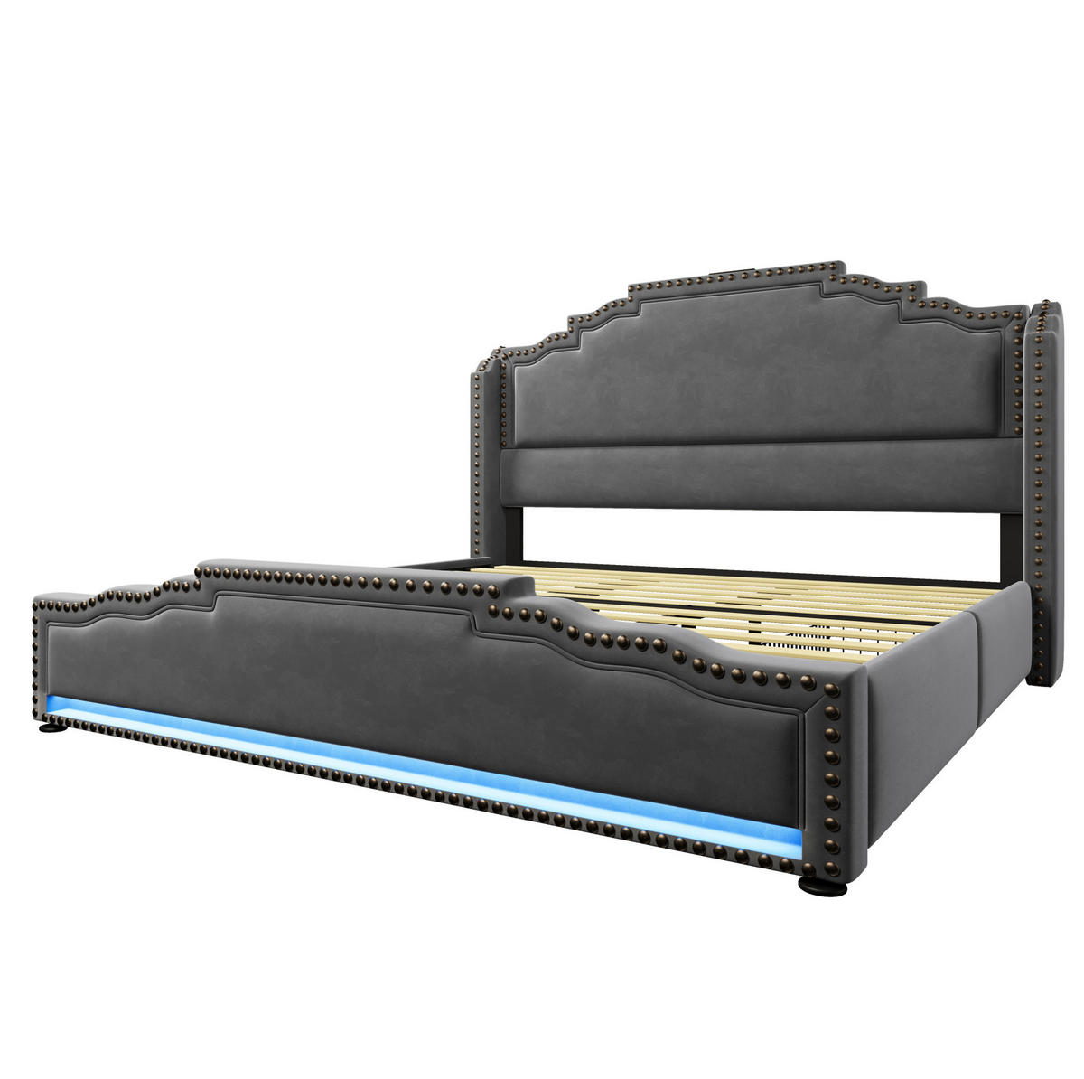 ČALOUNĚNÁ postel 180/200 cm šedá z veluru s LED osvětlením, USB-C a úložnými zásuvkami - šedá, textil (180/200cm) - OKWISH
