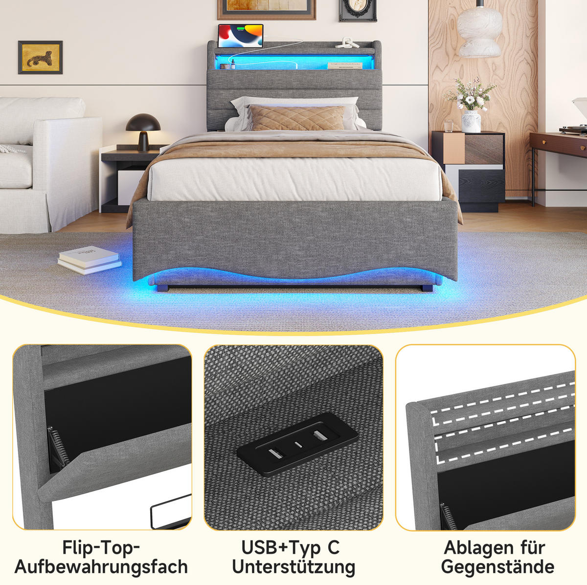 ČALOUNĚNÁ postel 90/200 cm šedá z lnu s LED osvětlením a hydraulickým úložným prostorem - šedá, textil (90/200cm) - OKWISH