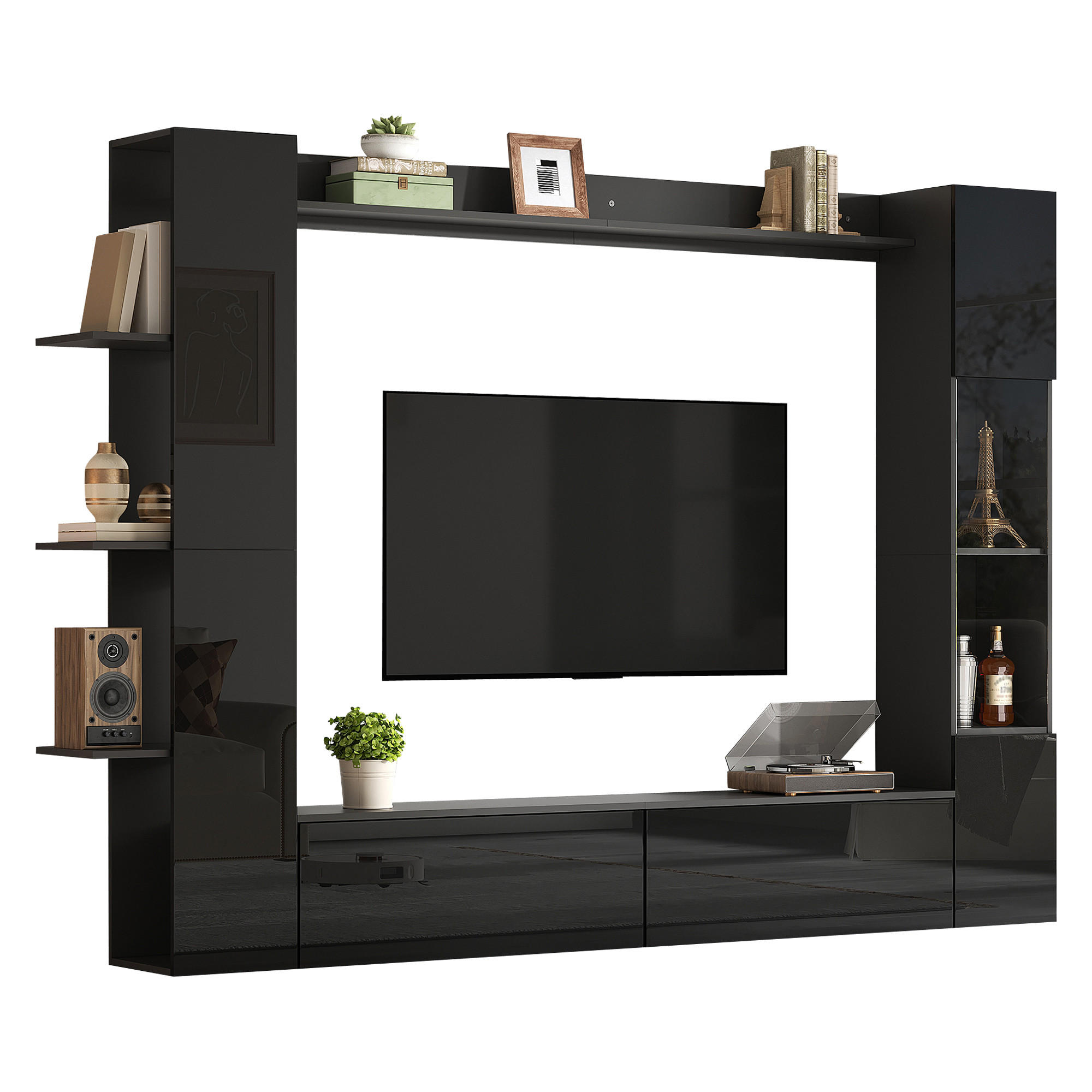 WOHNWAND 4-teilig TV Schrank Vitrine Stauraum Schwarz - Schwarz, Holzwerkstoff (245/170/30cm) - FLIEKS