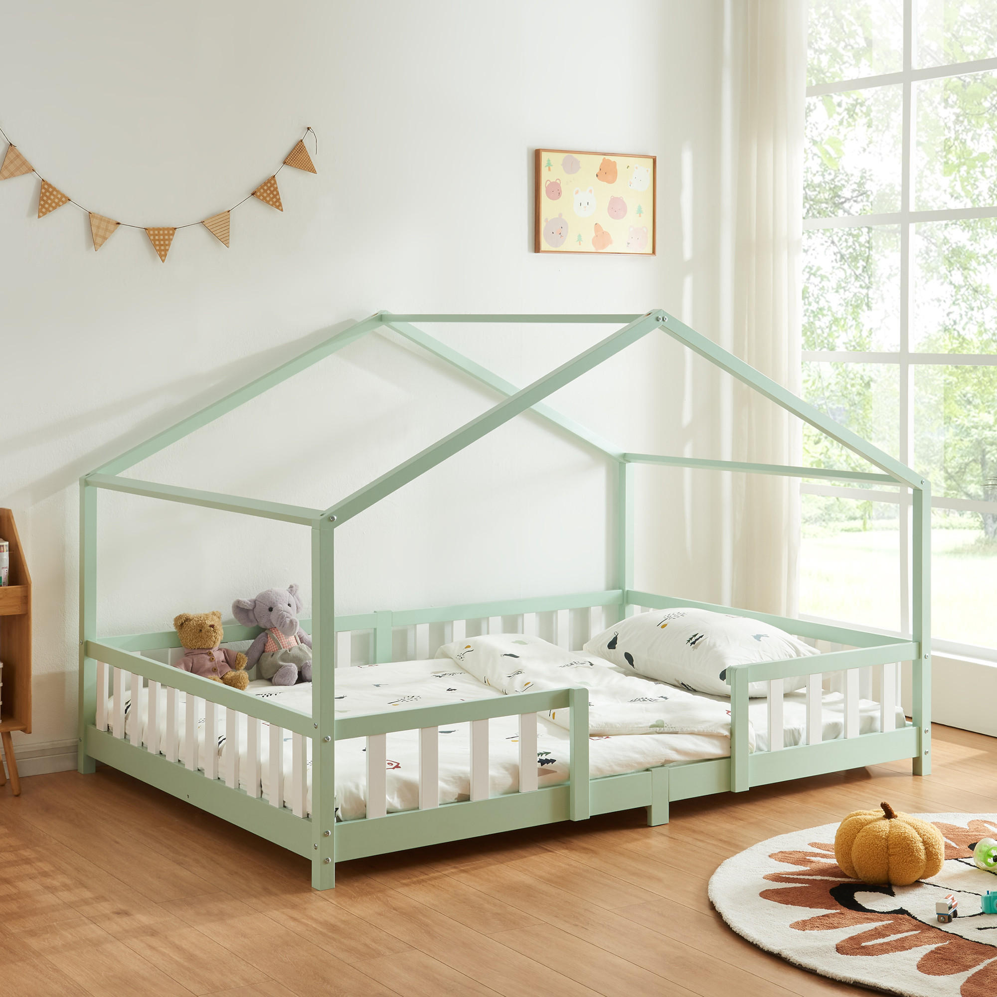 HAUSBETT Treviolo - Weiß/Mintgrün, Holz (140/200cm) - [en.casa]