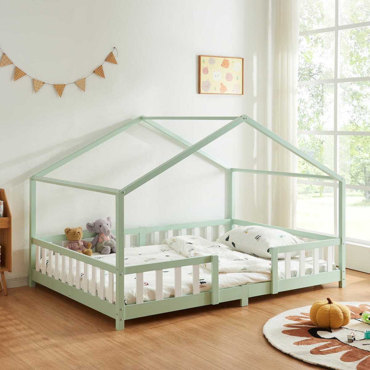 HAUSBETT Treviolo - Weiß/Mintgrün, Holz (140/200cm) - [en.casa]