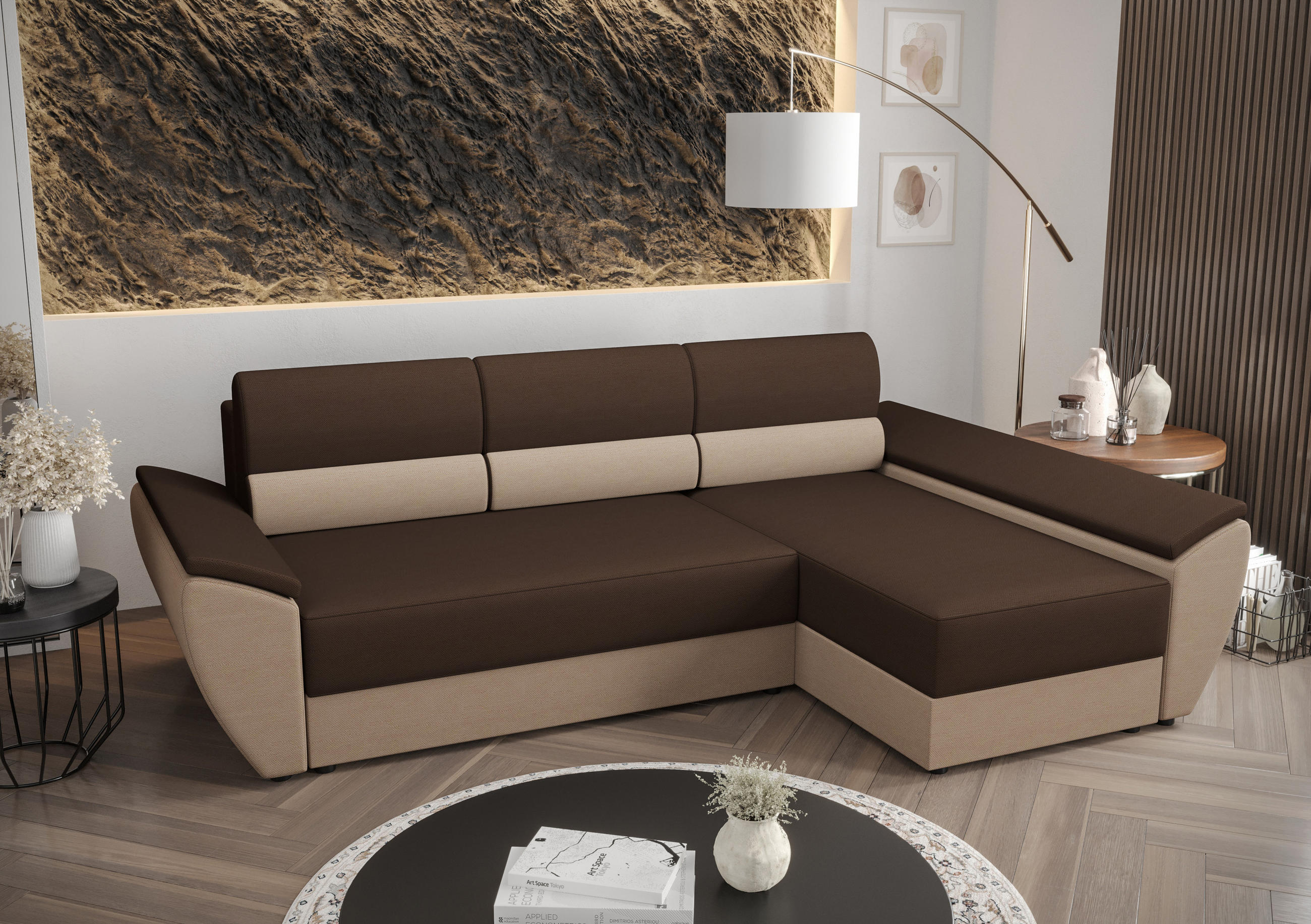 ECKSOFA L REBI L3 Rainbow 20/05 Rechts mit Schlaffunktion, Braun/Beige - Beige/Braun, Textil (251/140cm)