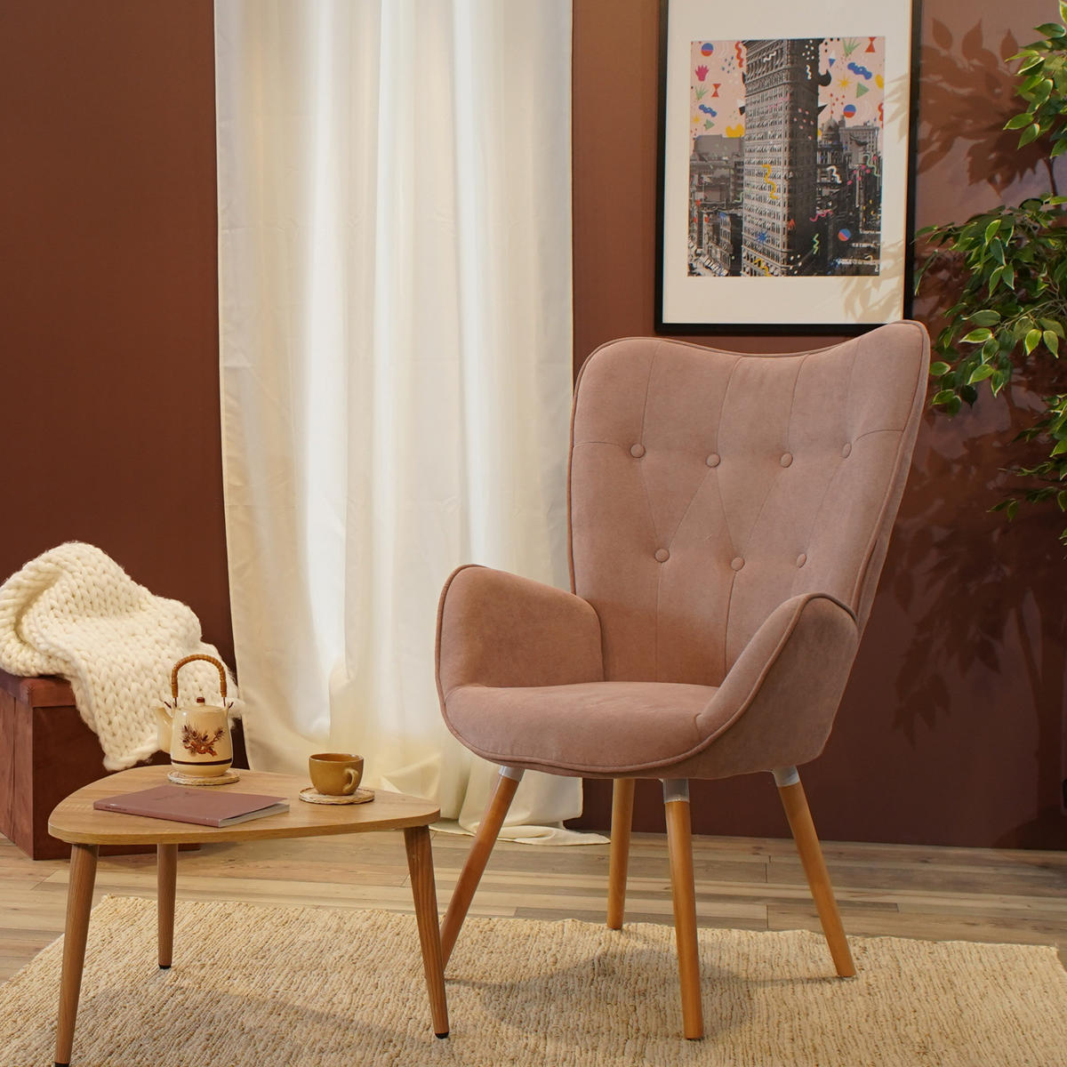 OHRENSESSEL in Webstoff, Pink - Pink, Holz/Textil (65.5/106/67.5cm) - Meubles Cosy