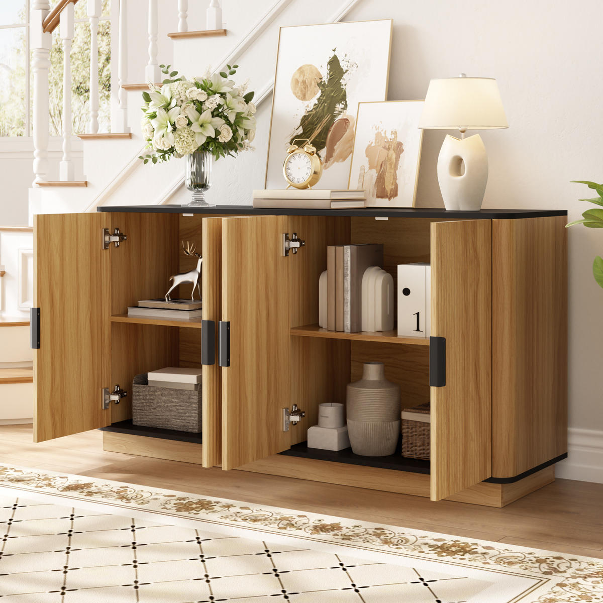 SIDEBOARD 4 Türen Riffelung Holzoptik Stauraum modern - Naturfarben, Holzwerkstoff (40/75/139cm) - FLIEKS