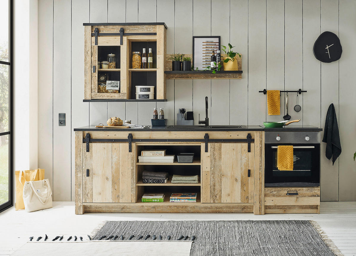 KÜCHENZEILE in Used Wood, anthrazit 204 cm, Küchenschrank Set mit Soft-Close - Anthrazit/Schwarz, Glas/Holzwerkstoff (264/200/64cm) - Furn.Design