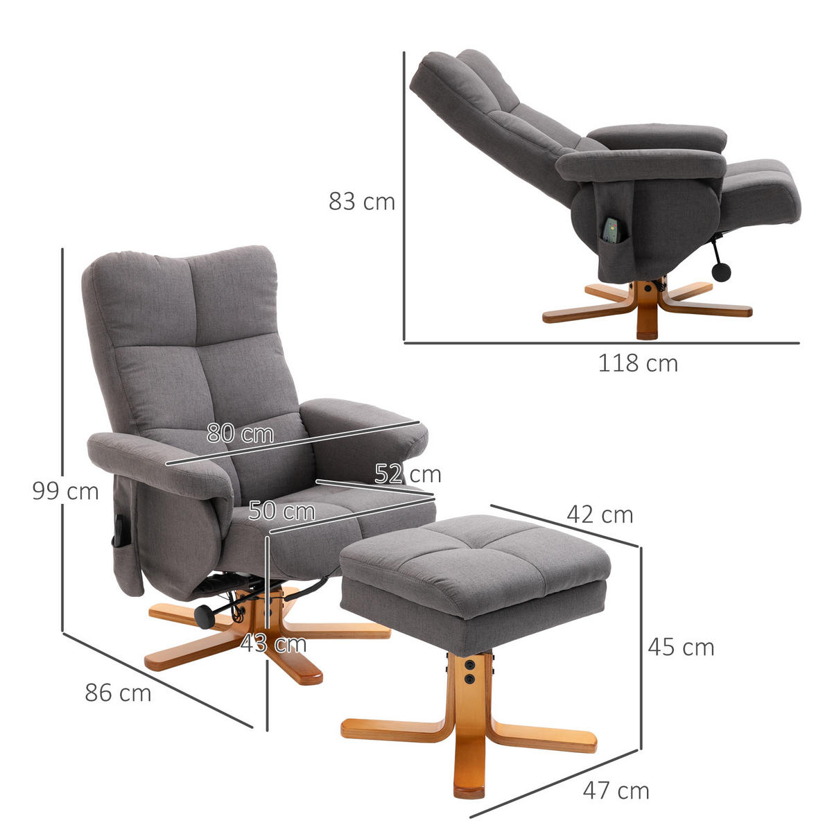 RELAXSESSEL Massagesessel mit Fußhocker Liegefunktion Polyester Dunkelgrau - Dunkelgrau, Holz/Textil (86/99/80cm) - HOMCOM