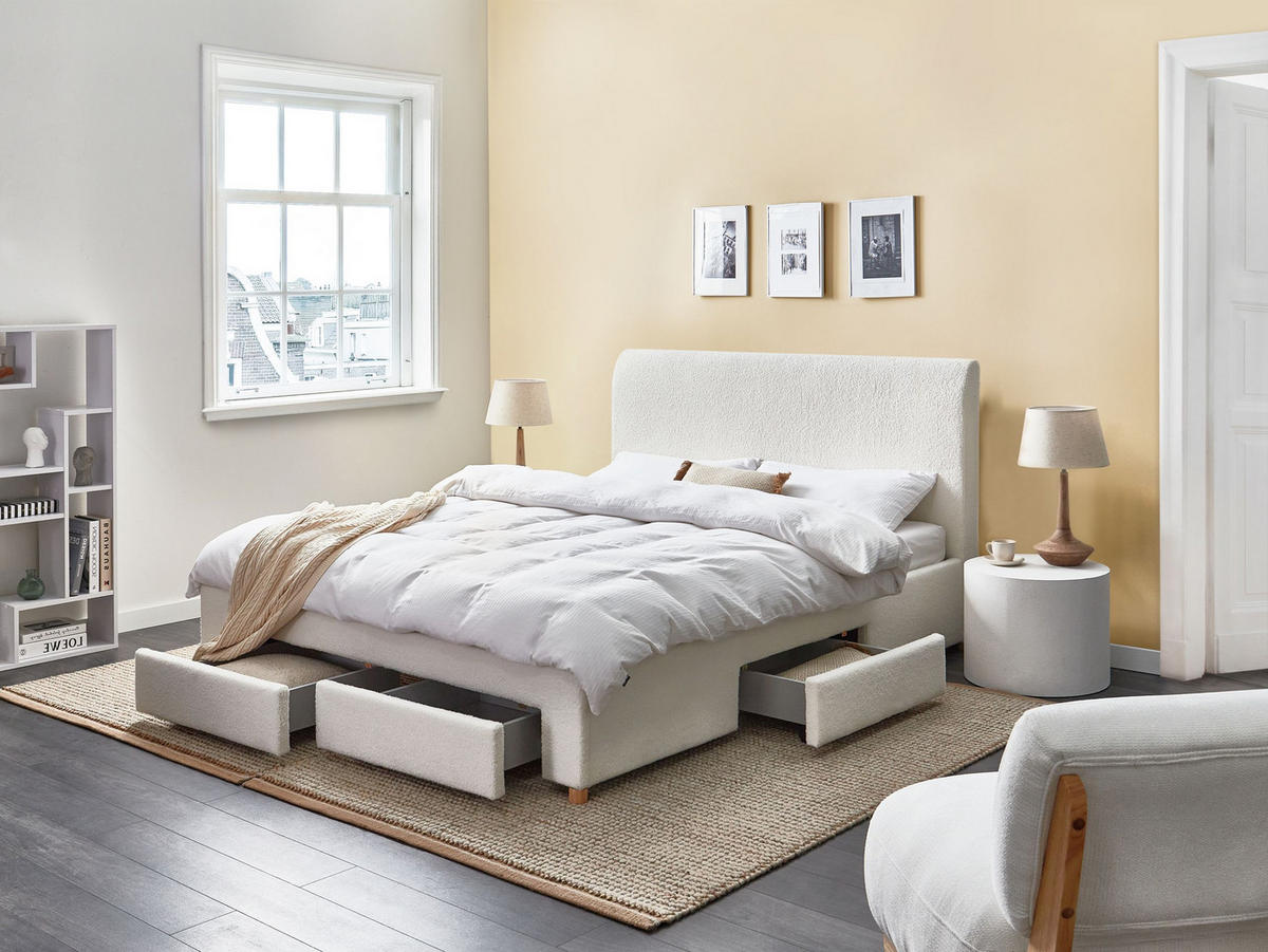BETT mit Schubladen 160/200 cm Bouclé Hellbraun Soutrin - Hellbraun, Textil (160/200cm) - Beliani