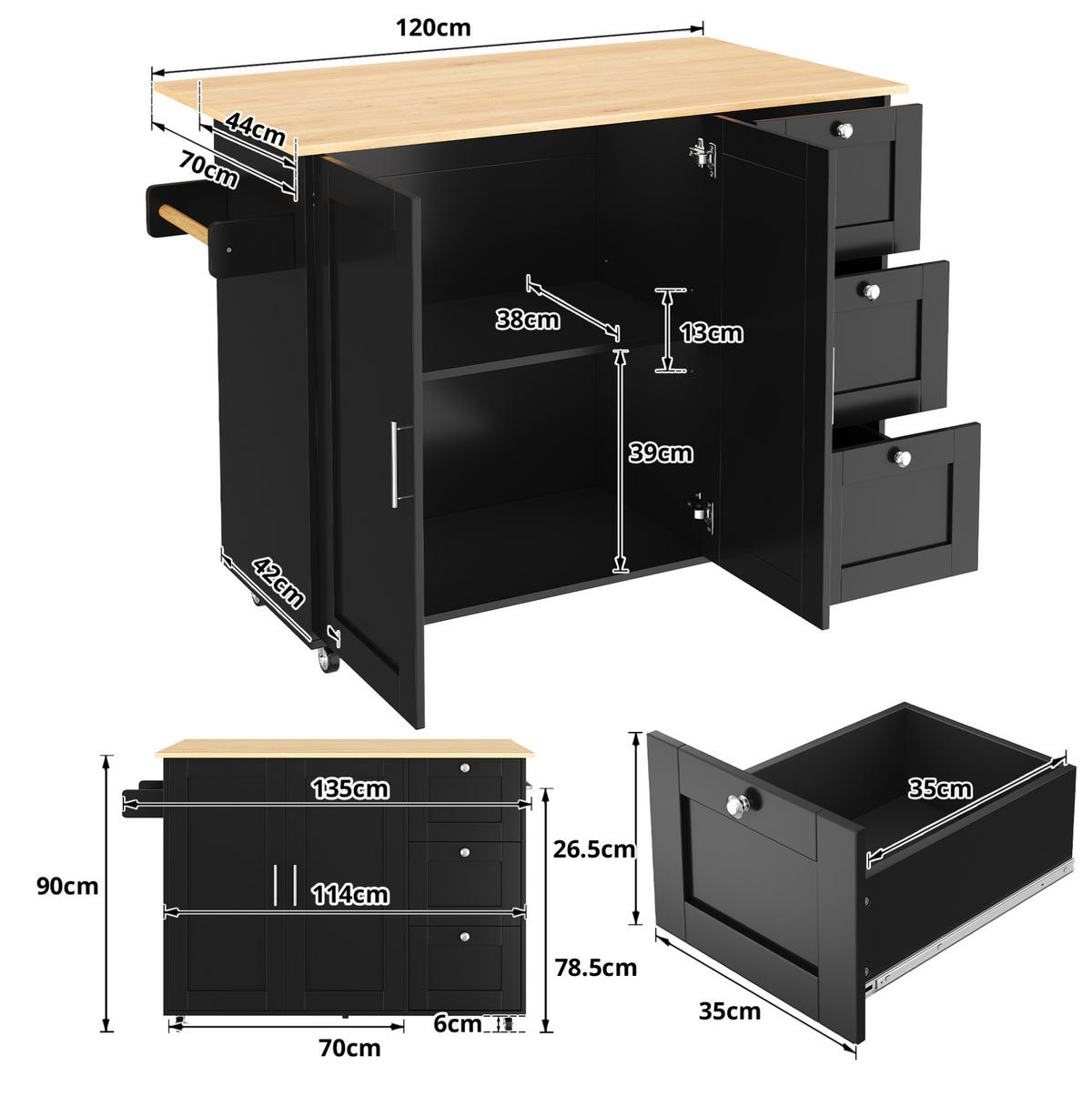 KÜCHENINSEL klappbar 135x70 cm MDF Black/Natural - Schwarz, Holz (44/90/135cm) - Beauniv