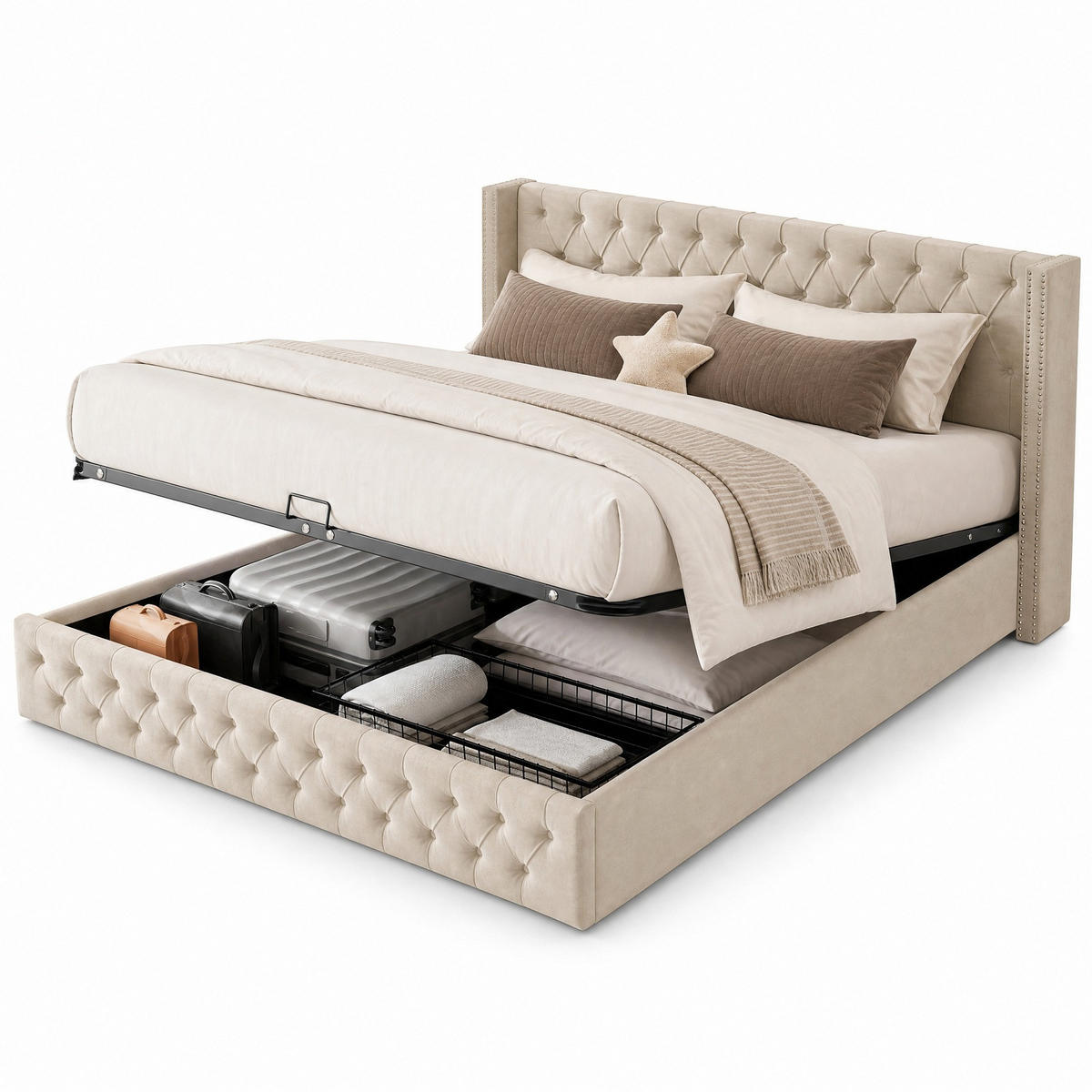 POLSTERBETT 160/200 cm in Beige Samt mit Bettkasten und Chesterfield-Design - Beige, Holzwerkstoff/Textil (160/200cm) - CHICFURN