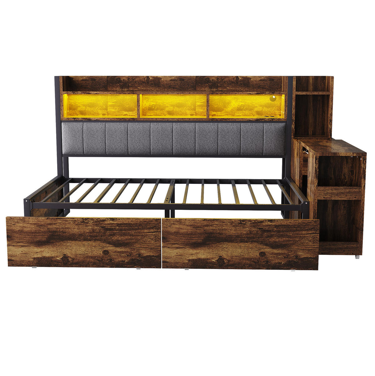 MULTIFUNKTIONSBETT aus Metall und Holz 90x200 cm Naturholzfarben mit Schreibtisch, Steckdosen, LED und Stauraum - Naturfarben, Metall (90/200cm) - Modfu