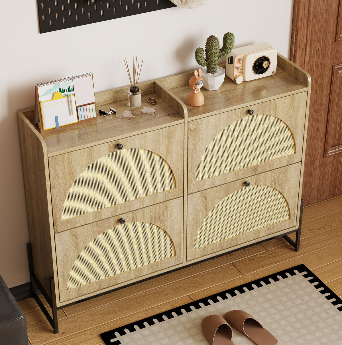 SCHUHSCHRANK 121/25/91,5 cm in Natur mit 4 Klappen und PE-Rattan - Naturfarben, Holzwerkstoff (118/91.5/25cm) - Flora Grace