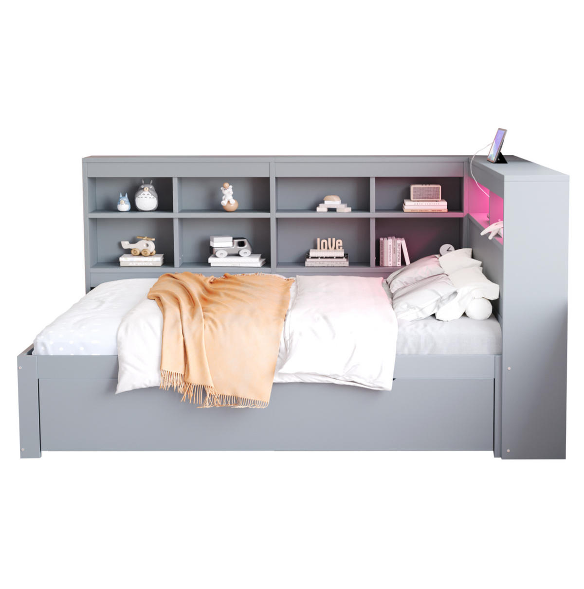 RAHMENBETT 140/200 cm in Grau mit Stauraum, LED-Beleuchtung und USB - Grau, Holz (140/200cm) - Flora Grace