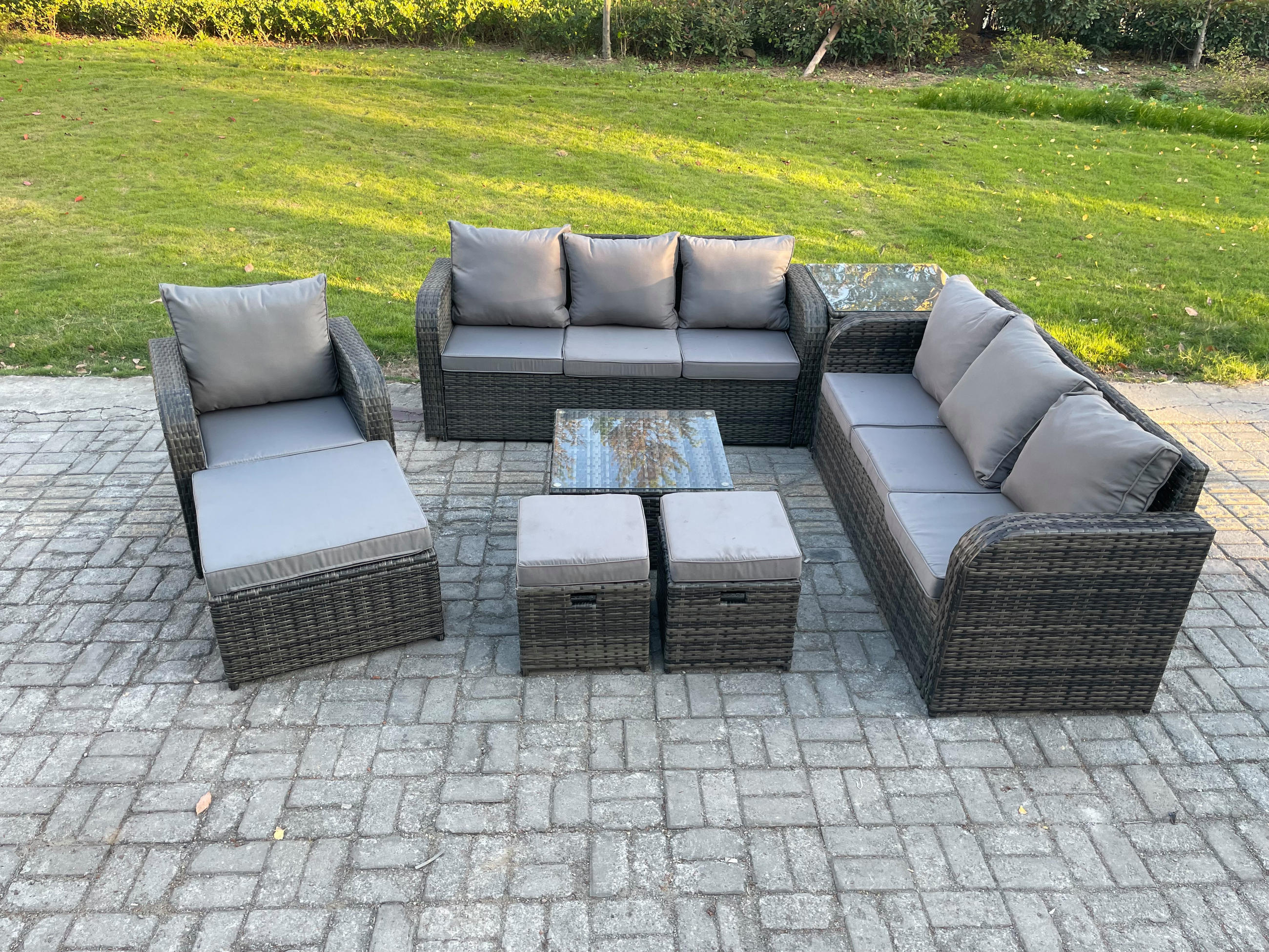 GARTENMÖBEL SET mit 3-SITZER SOFA Polyrattan Dunkelgrau 10-Sitzer - Dunkelgrau/Grau, Glas/Kunststoff - Fimous
