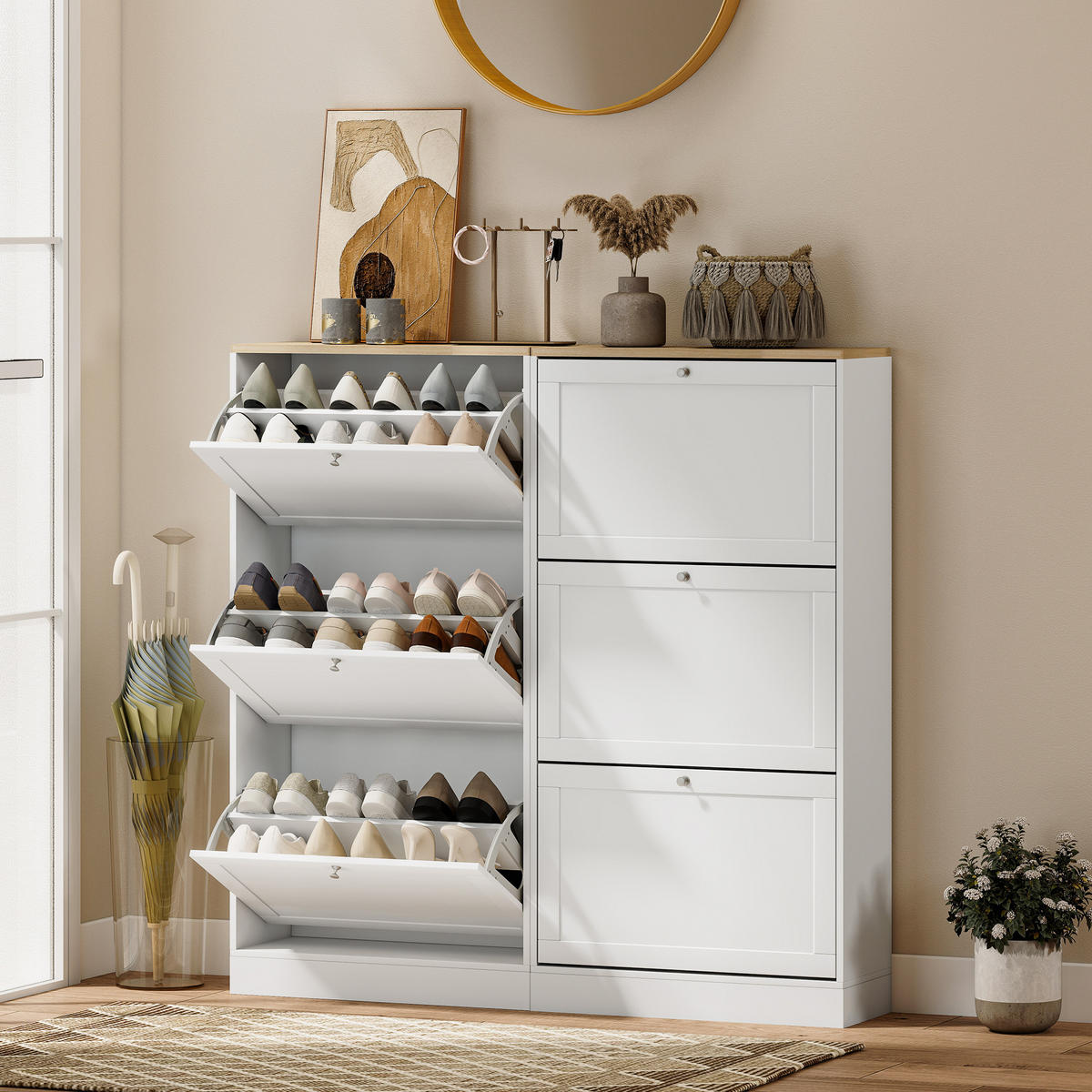 SCHUHSCHRANK DE-14994 skandinavisches Design mit 3 Klapptüren Weiß - Weiß, Holzwerkstoff (60/115/23.5cm) - ComfortXL