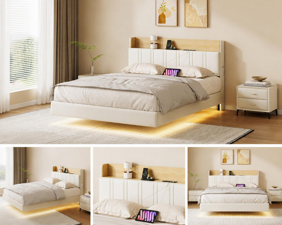 POLSTERBETT 140/190 cm Weiß mit LED, Stauraumbett mit USB-C Anschluss, Bettgestell mit Stauraum Kopfteil, Doppelbett - Weiß, Holz/Metall (140/190cm) - Joyfair