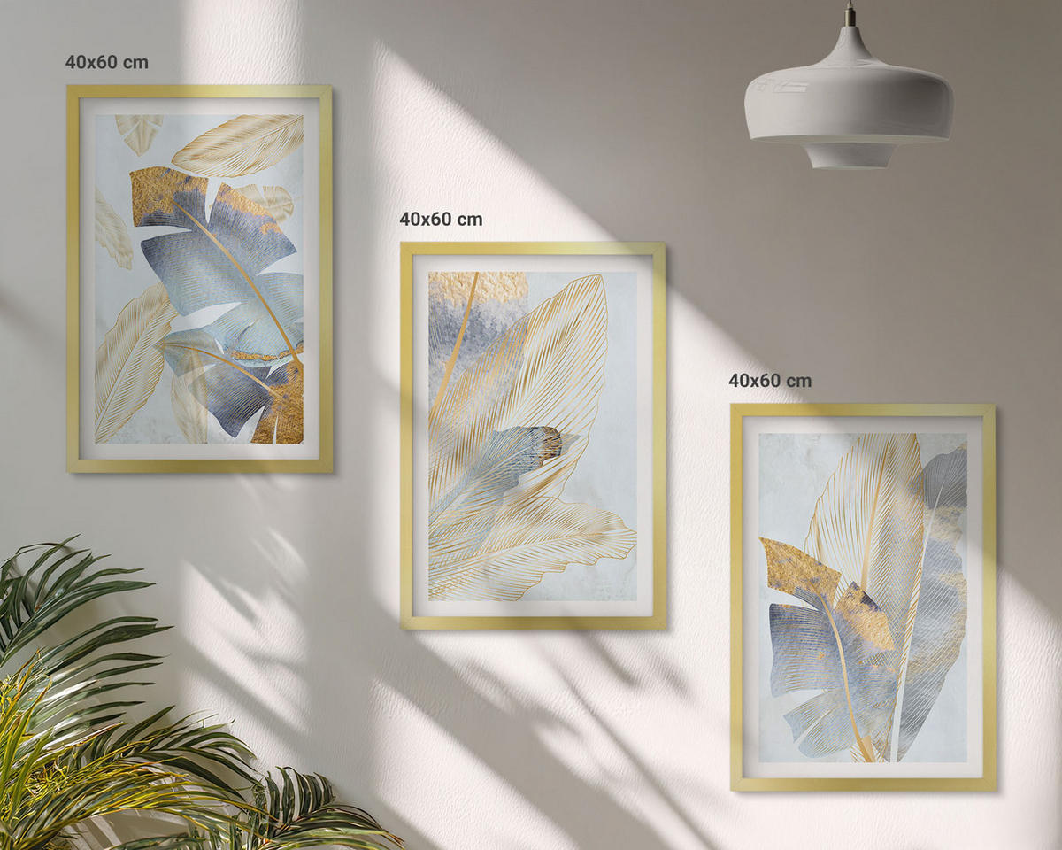 BILDER SET 3er Set - 40x60 cm Goldrahmen - Hellblau-beige Blätter - Goldfarben, Kunststoff (40/60cm) - TULUP