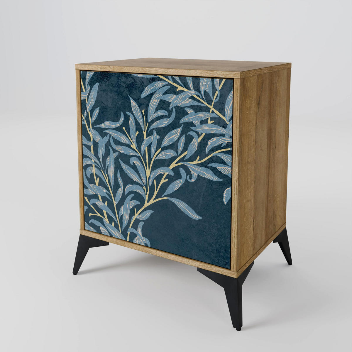 SIDEBOARD BLUE LEAVES, Eichefarben, 57,5x42x67,5 cm, Schwarze Metall-Rahmenfüße - Eichefarben/Multicolor, Holzwerkstoff/Metall (57.5/67.5/42cm) - SpaceRebels