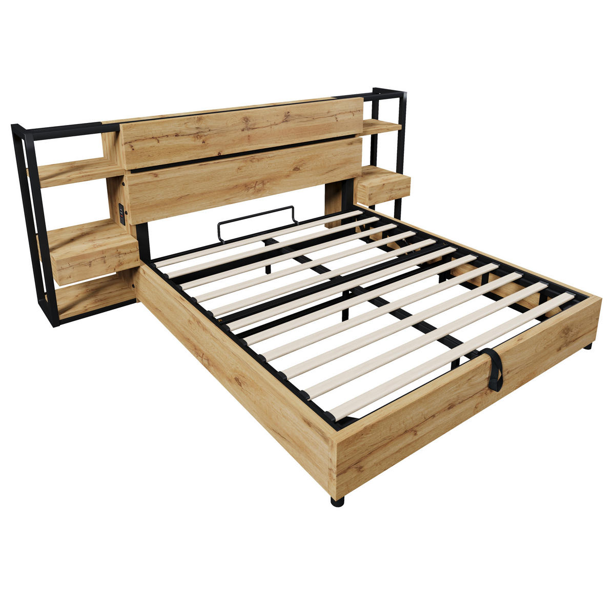 MANŽELSKÁ postel 160/200 cm dubová z MDF a kovu s úložným prostorem a USB nabíjením - barva dubu, kompozitní dřevo (160/200cm) - OKWISH