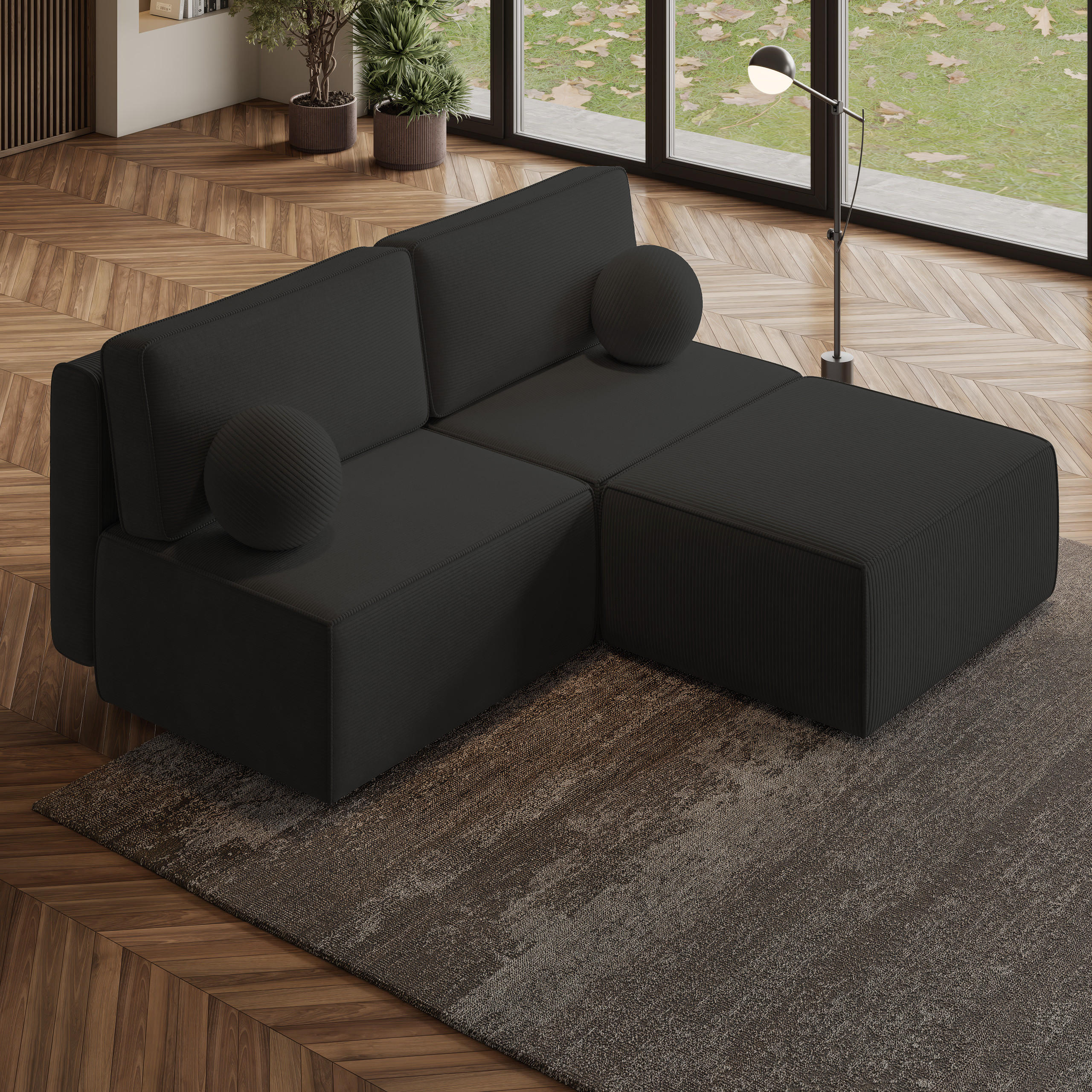 ECKSOFA VARNA P Schwarz Kordstoff mit Schlaffunktion - Schwarz, Holz (196/158cm) - MASSENO