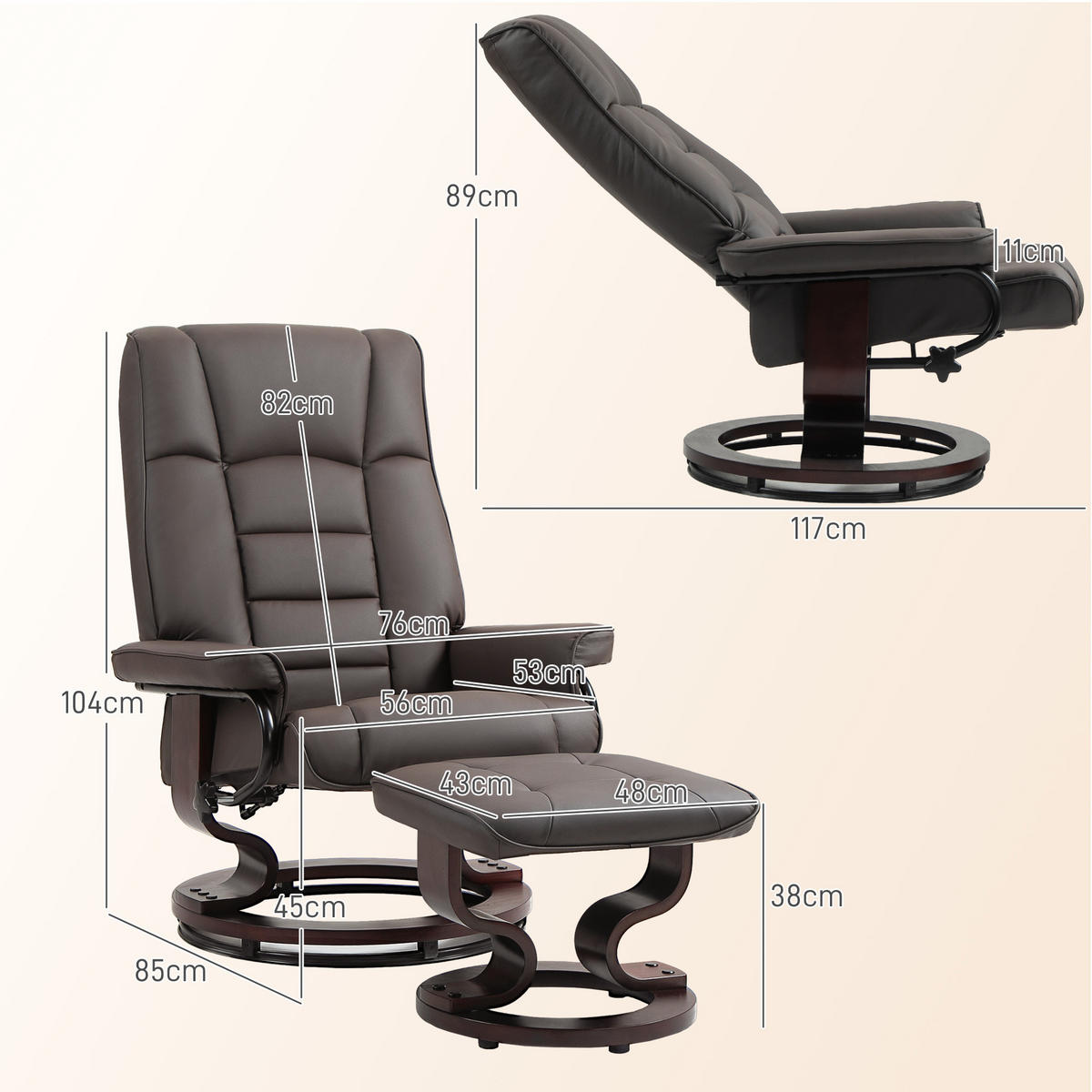 RELAXSESSEL mit Hocker, Drehbar Fernsehsessel mit Liegefunktion Kunstleder - Braun, Kunststoff (76/104/85cm) - HOMCOM
